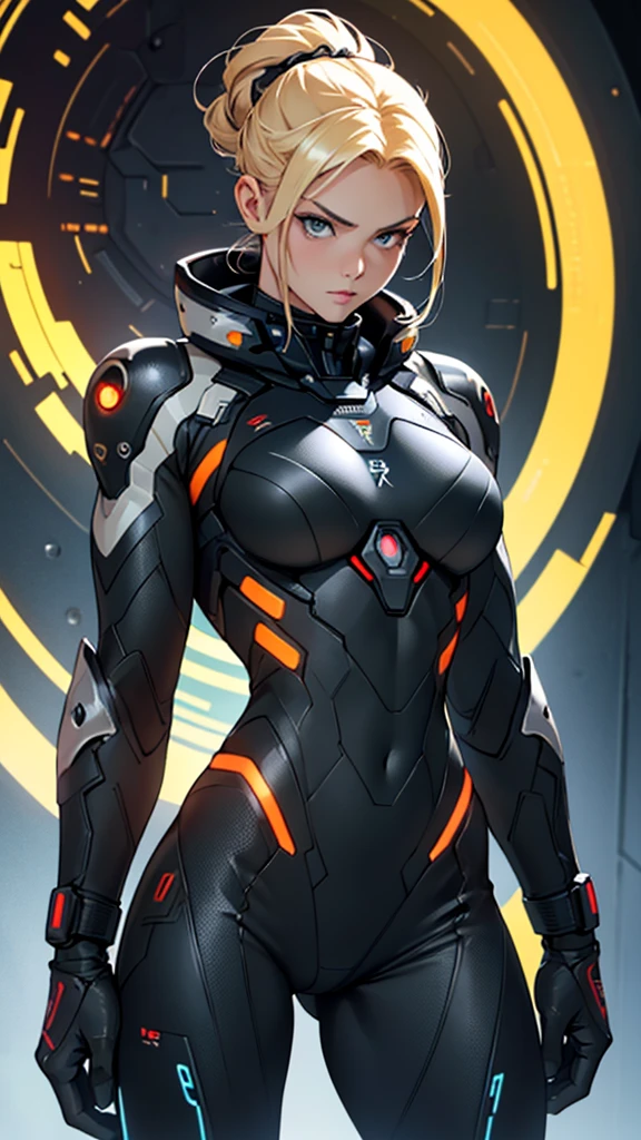 Beautiful cybernetic girl in black mobile cybernetic battle suit detailed muscles realistic masterpieces full figure pose (best quality,ultra-detailed), blonde-hair with updo, hazel eyes, fair skin, fit body, slim figure, narrow waist, large buttocks, (cocky expression), wearing full black cybernetic battle spacesuit