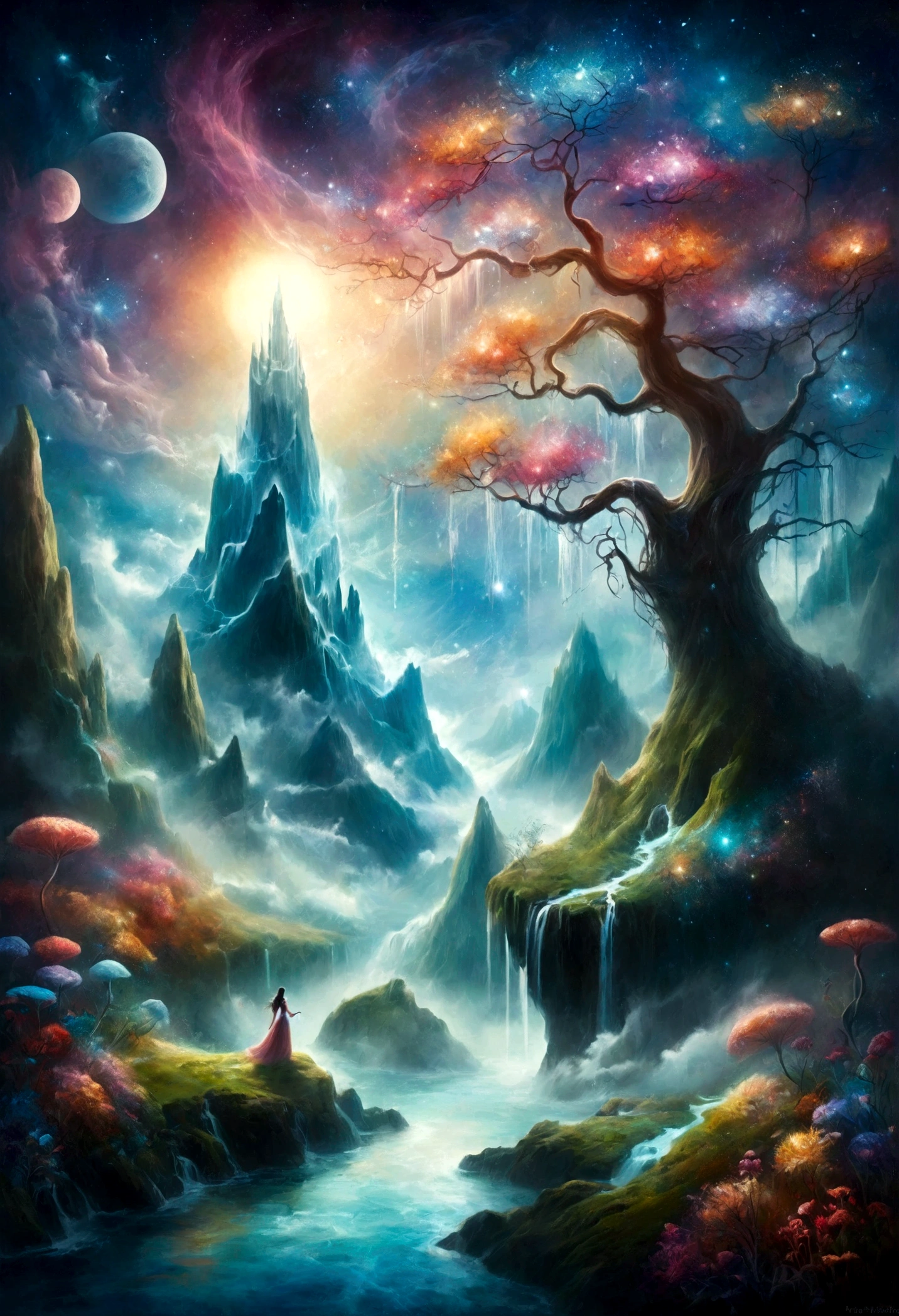 Imagine a world where art flourishes in the realm of dreams, a place where reality dissolves and imagination is unleashed without restrictions. In this dream space, every dream is a work of art in itself, compuesta de colores vibrantes, fluid shapes and surreal scenes that defy logic and gravity. Paintings in dream dreams are not limited to canvases. En su lugar, The sky becomes a vast mural where stars form constellations that tell ancient stories and clouds transform into fantastic creatures that come to life with every breeze.. Los paisajes cambian con cada paso, and a simple path can lead to a city of glass or an enchanted forest where the trees whisper secrets. The sculptures in this kingdom are ephemeral and changing, formed by the golden sand of imaginary deserts or by the liquid light of impossible moons. These shapes are never static; se mueven y evolucionan, reflecting the emotions and thoughts of the dreamer. A mountain can become whatever you decide, and a river can be transformed into a path of stars that guides travelers to new horizons. Music in the dream world is a symphony of ethereal sounds. Los susurros del viento, The murmur of rivers and the distant echoes of children's laughter mix to create melodies that could not exist in waking life.. Estas canciones tienen el poder de alterar el paisaje, causing giant flowers to sprout to the beat of a soft ballad or crystal towers to rise to the crescendo of a symphony. The characters that inhabit these dreams are living works of art. Seres con alas de mariposa, piel de colores iridiscentes y ojos que reflejan galaxias enteras, cada uno de ellos representa una faceta de la mente creativa. They interact with the dreamer, offering wisdom, adventures or simply company on a journey through this fantastic kingdom. In this dream world, el arte no solo se observa, sino que se