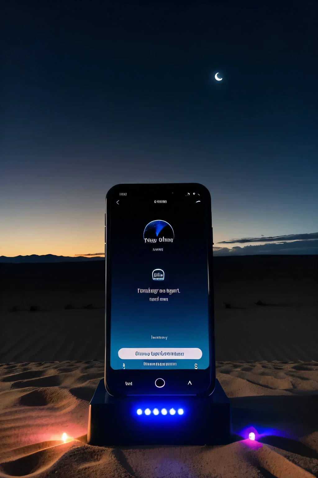 A photo in the desert, a dark night scene with dark blue lighting, showing a modern black headset on a charging base, next to it a modern phone displaying a music application on the screen.. In the background, the dark sky appears gradually blue with the moon and some faint night-blue lights on the horizon, with a pink rose on the sand.