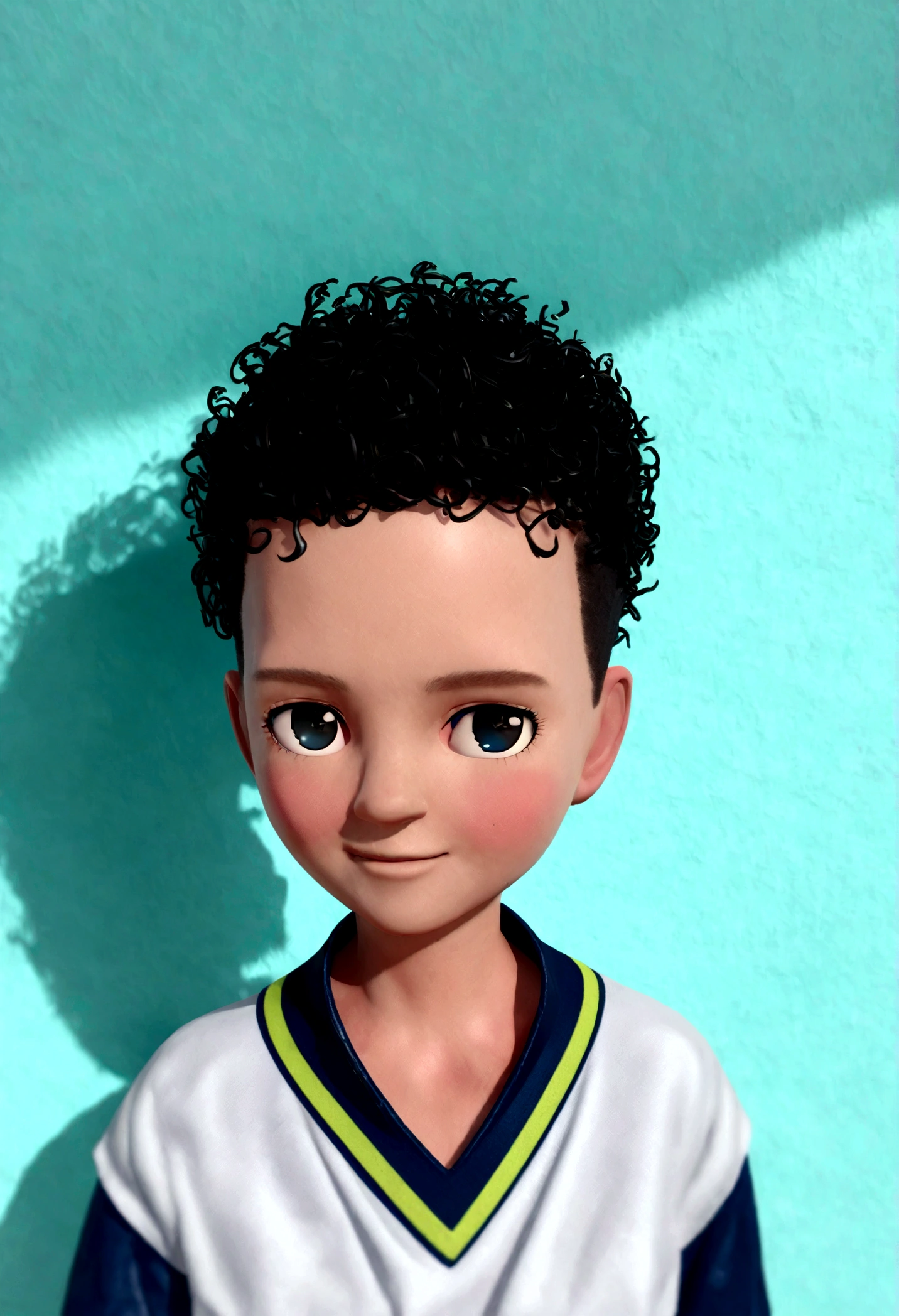 um garoto feliz com cabelo castanho curto e cacheado , wearing a superhero outfit , pele parda fundo de jardim, the , tom, Estilo Pixar, ..3d, desenhos animados, rosto detalhado, asymmetric 16k
