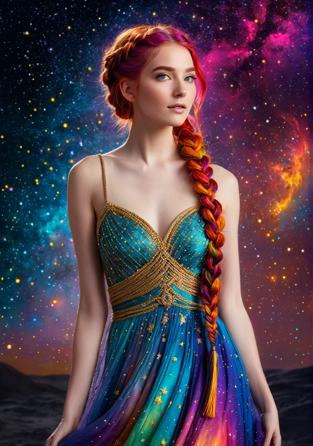A beautiful young woman with vibrant, multicolored hair styled in a loose braid, wearing an elegant, ethereal gown with intricate golden designs. She stands against a cosmic background filled with stars and colorful nebulae, giving her a fantastical and celestial appearance.
