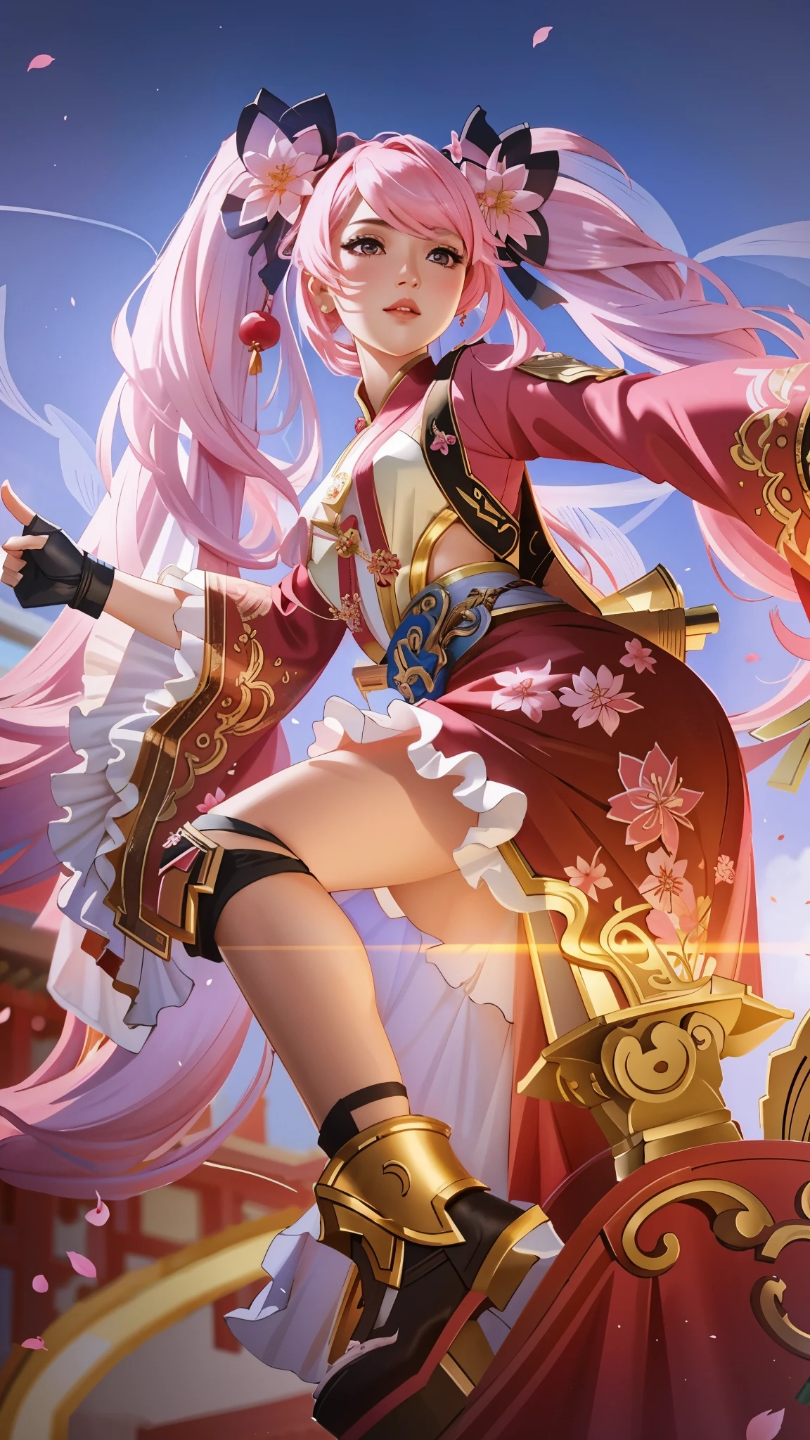 Layla mobile legends, beautiful girl with long pink hair, detailed face, delicate features, anime style, pink dress, standing in chinese garden, lanterns, pagoda, cherry blossoms, highly detailed portrait,warm lighting,soft focus,elegant,fantasy