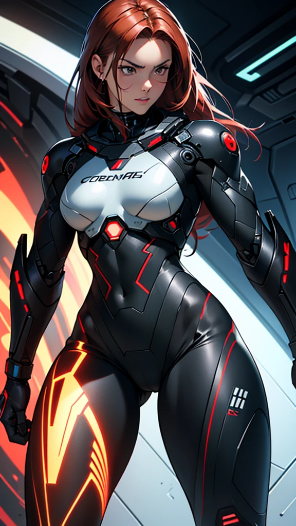 Beautiful cybernetic girl in black mobile cybernetic battle suit detailed muscles realistic masterpieces full figure pose (best quality,ultra-detailed), red-haired girl, brown eyes, fair skin, fit body, slim figure, narrow waist, large buttocks, (cocky expression), wearing full black cybernetic battle spacesuit