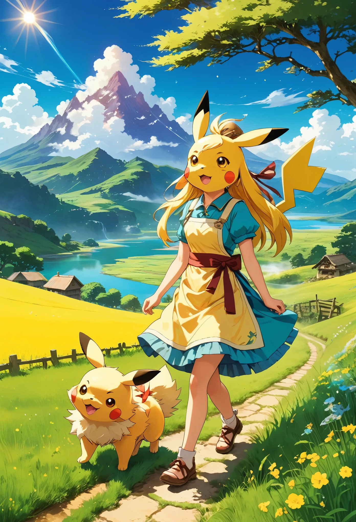 (profile picture), loli, pikachu, aqua eyes, blush stickers, asymmetrical bangs, sunburst, apron, no socks, scorpion tail, dynamic angle, walk a dog, tanabata, Studio Ghibli, ((messy hair)),(grassland),(yellow eyes),incredibly absurdres,(gold hair),floating hair,Large number of environments,the medieval ,grace,prospect,water eyes,wind,breeze,god ray,lawn,Mountains and lakes in the distance,The sun shines through the trees,A vast expanse of grassland