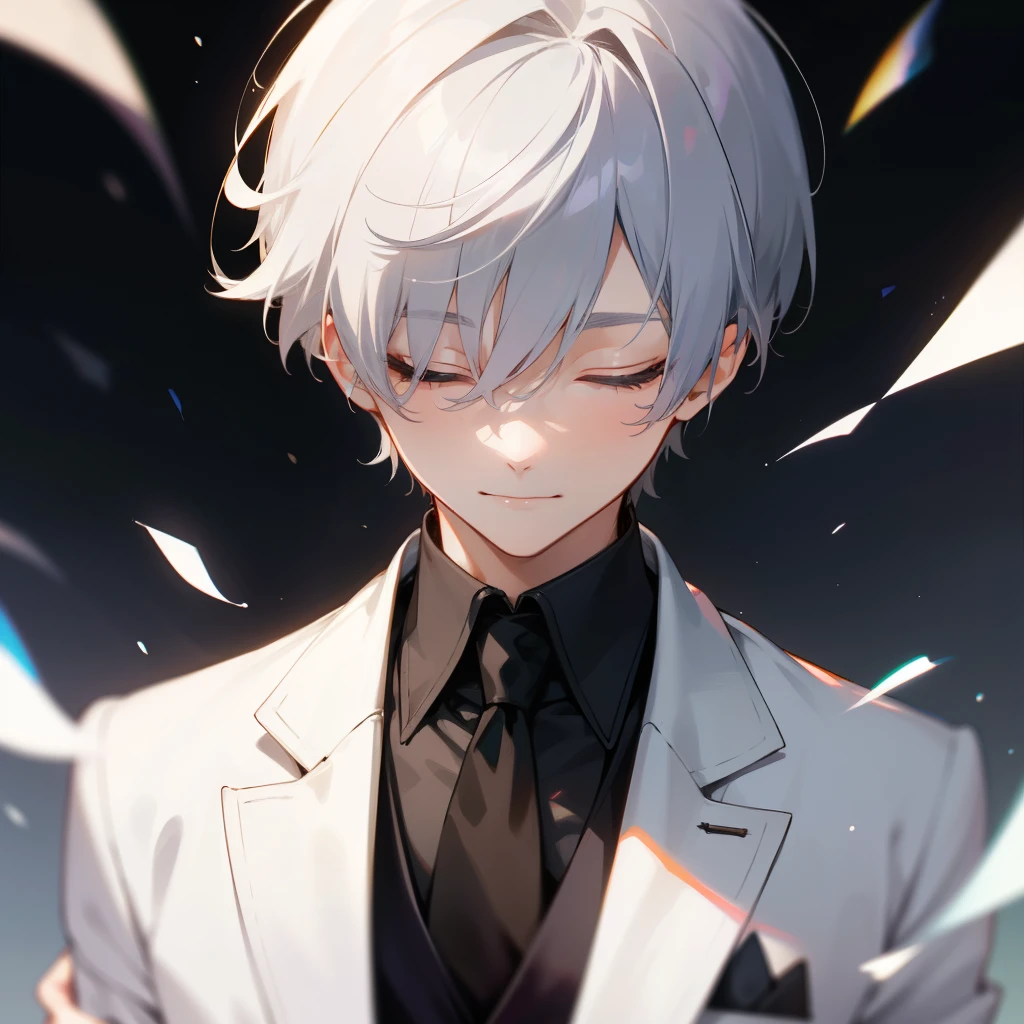 1 boy、highest quality, Tabletop, Beautiful Face、suit、Silver Hair、intelligent、short hair、whole body、(close your eyes) evil smiling、 front