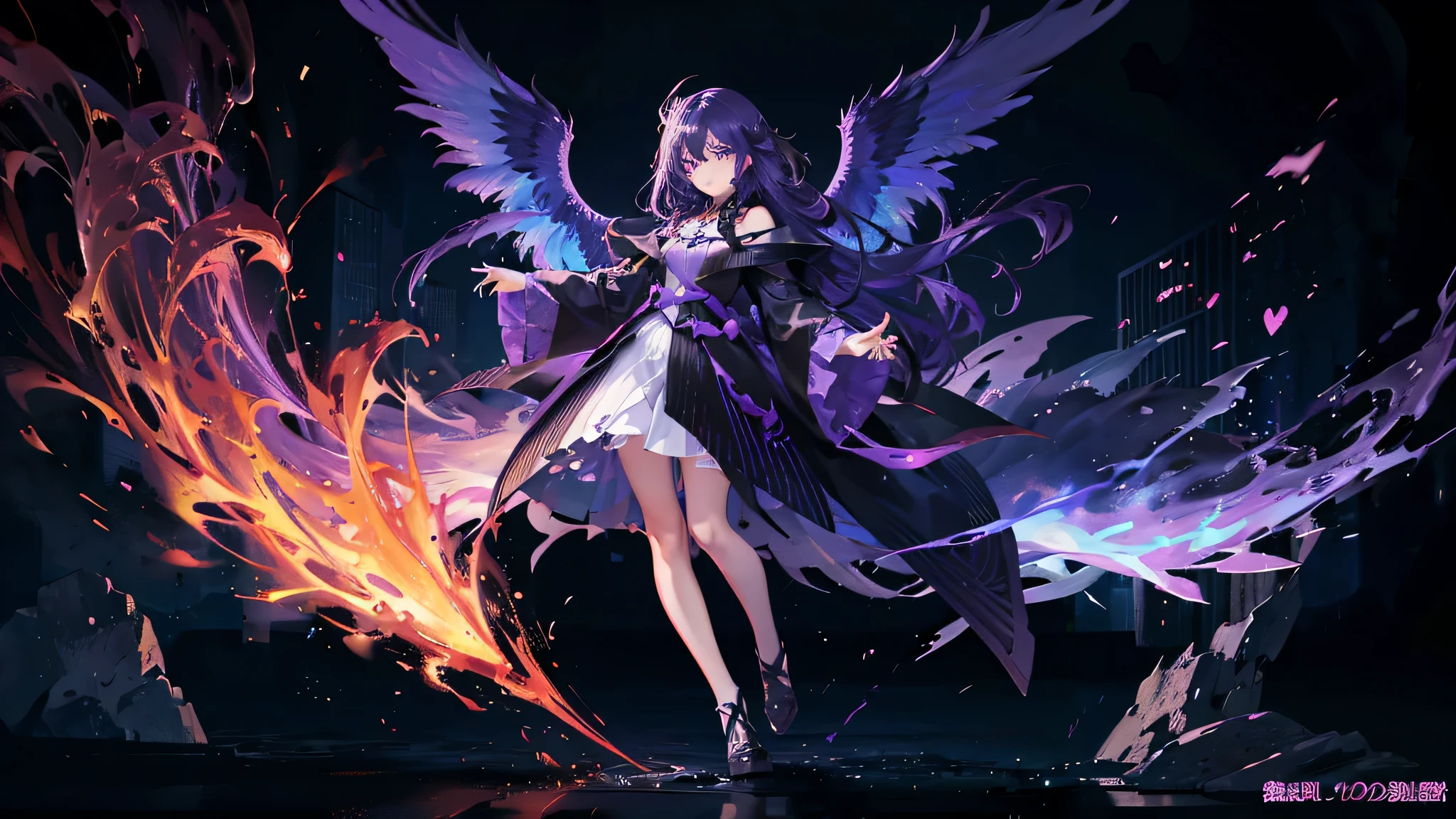 Colorful background, small cute phoenix, angry magic fire behind, girl with dark gray skin and purple eyes and hair serious, cartoon style, Full body