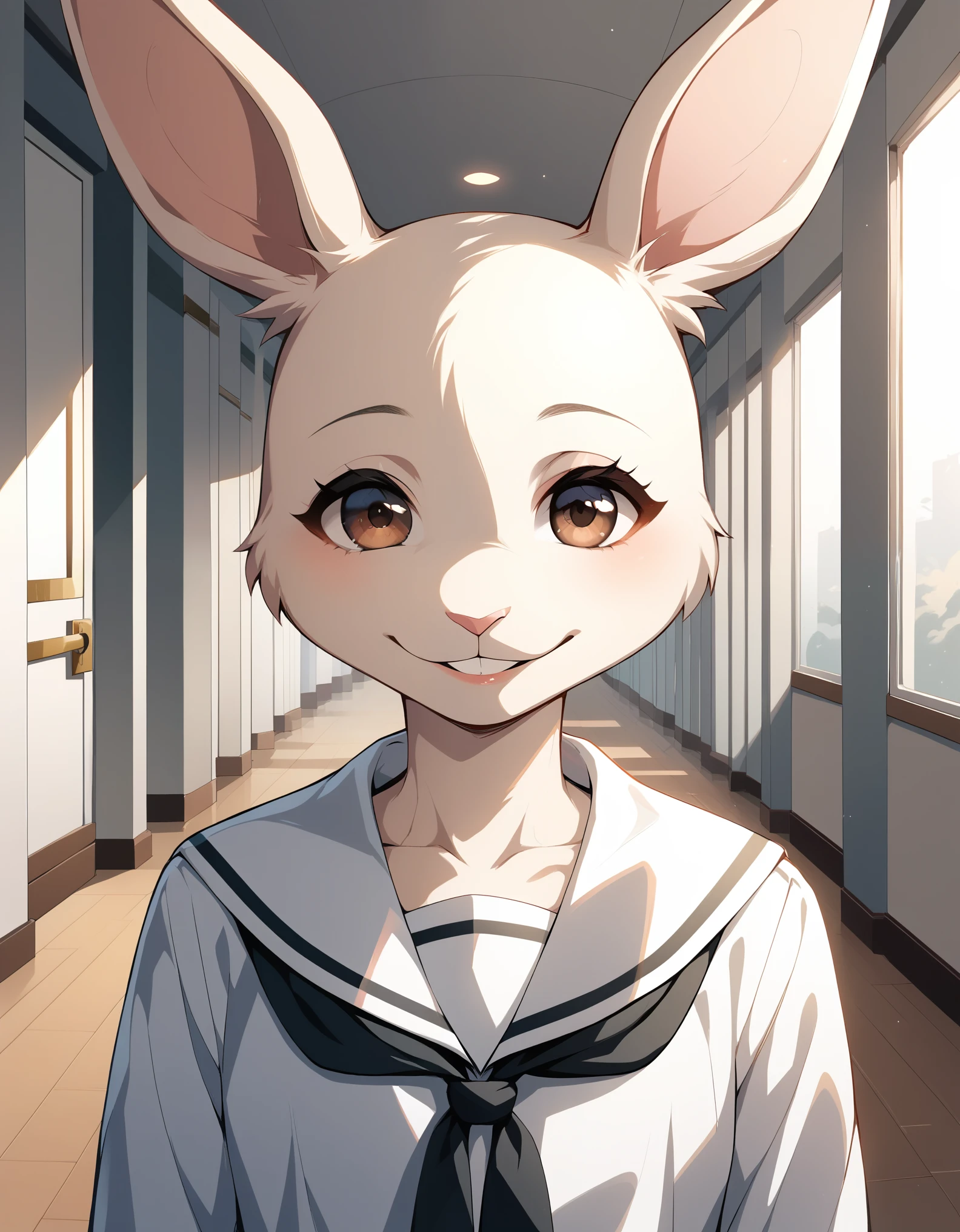 score_9, score_8_up, score_7_up, score_6_up,   harubeastars, smile, mouth closed, hallway, school, looking at viewer, hands behind back, white dress, serafuku, bust portrait, solo white dress, white scarf,