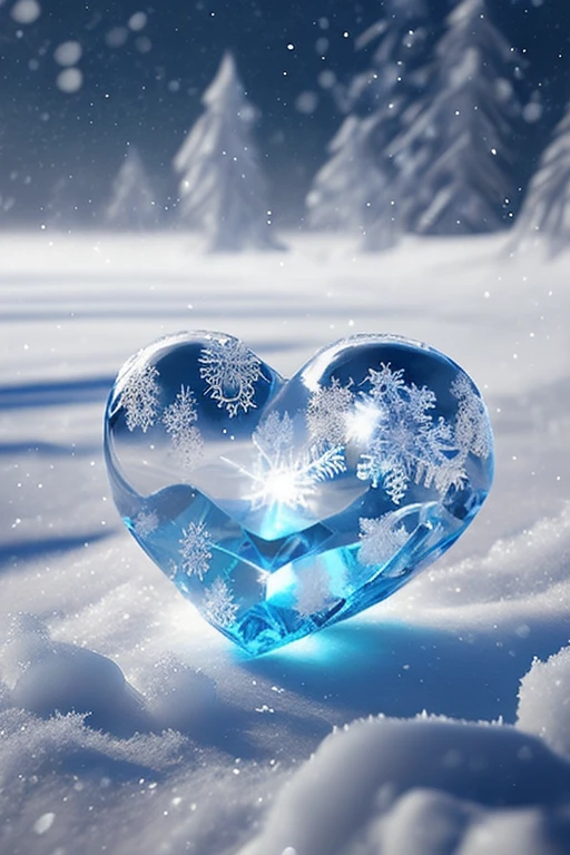 there is a snow heart ice crystal снежный шар, snow heart, jungian symbols of winter, crystal heart, Inside the ледяное сердце, icy, cold, Shimmering ice particles, winter concept art, glass balls, winter atmosphere, Fantasy winter scene, Wray Caustic, cold environment, freeze time effect, snow and ice, cold snow