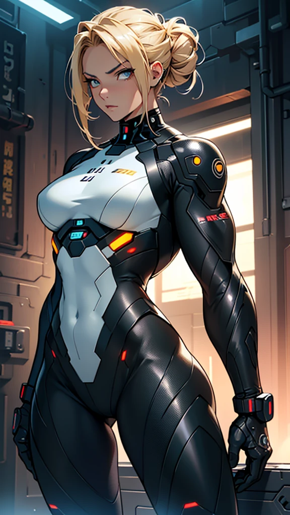 1girll, future warrior,cabelos preto e longos,flowy,crisp breasts,Toned Thighs,Tattooed with,Chest bumps,Wears a black combat instrument on his head,Black tight-fitting one-piece leather suit all over,Black boots,There are round metal rings at the wrists and ankles,epcot,cyberpunk building,Detailed background,Clothing details,perfectly proportioned, Cinematic lighting, filmgrain, Fuji colors, lightand shade contrast, 8K, 巨作, Textured skin, Super detail, high detal, high qulity, A high resolution,