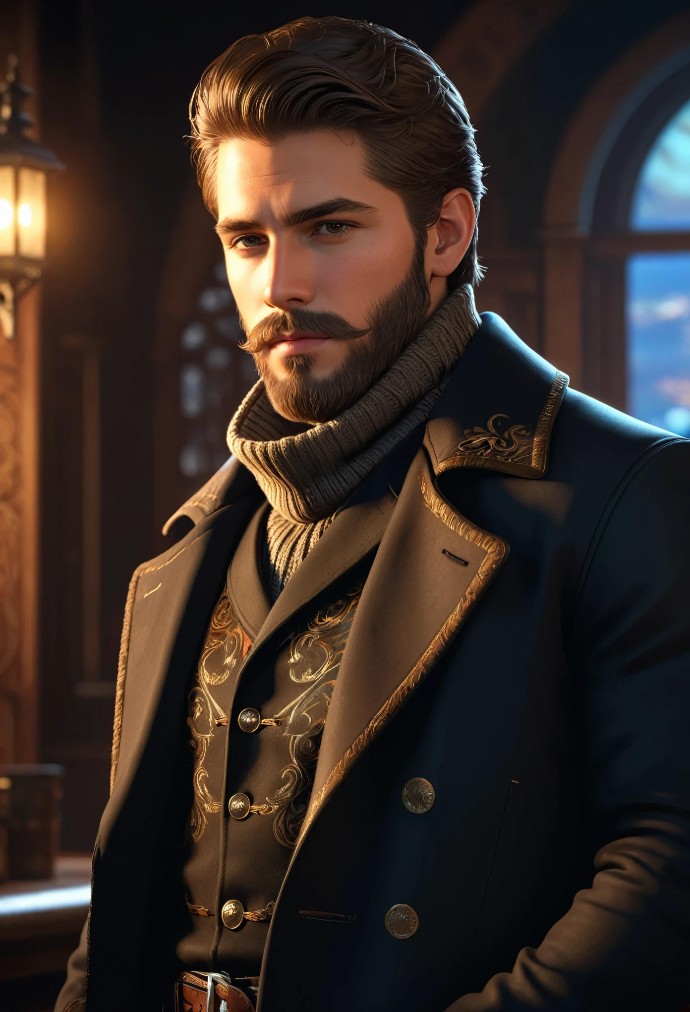 1 boy, Cowboy shots by re8dfield, beard, beard, Black coat, turtleneck sweater, Volumetric Lighting, best quality, masterpiece, Intricate details, Tone Mapping, Clear focus, Ultra Detailed, Popular on artstation, looking at the audience, Practical