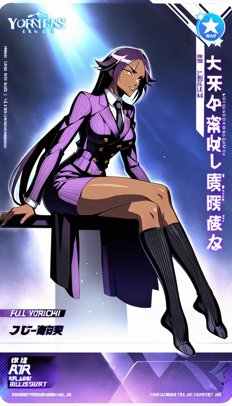 Full body Yoruichi as a thin Black business woman in a double breasted pinstripe purple skirt suit while wearing a tie with a very long purple pinstripe skirt that covers the legs and with long black knee socks full art and make her sit down also give her thin legs and purple heels