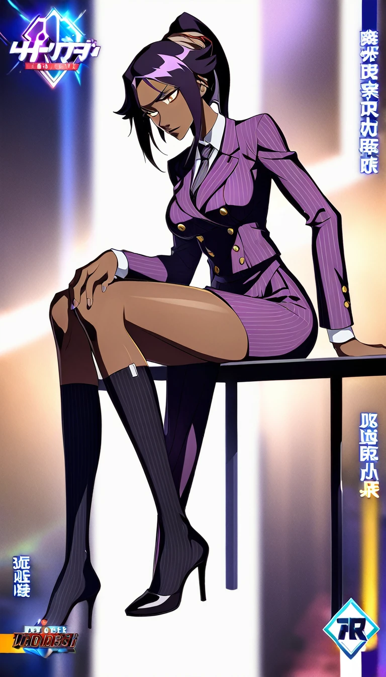 Full body Yoruichi as a thin Black business woman in a double breasted pinstripe purple skirt suit while wearing a tie with a very long purple pinstripe skirt that covers the legs and with long black knee socks full art and make her sit down also give her thin legs and purple heels
