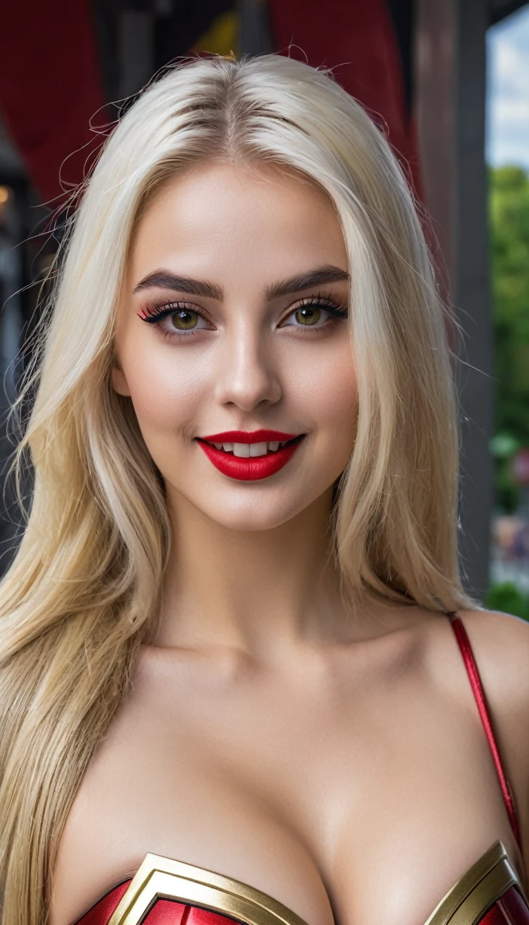 hyperrealistic beautiful busty 19-year-old woman with long legs wearing female superhero cosplay outfit, model shooting full body photography, bleached blonde very long straight hair, soaky wet skin, dark eye makeup with eyeliner, seductive smile, red lips, 8K, Best quality, Meisterwerk, ultra high resolution, (Realismus: 1.4), Originalfoto, (realistische Hautstruktur: 1.3), (Filmkorn: 1.3), (Selfie-Winkel), 1 girl, Beautiful round hazel eyes and facial details, Meisterwerk, Best quality, outdoor photography, nsfw