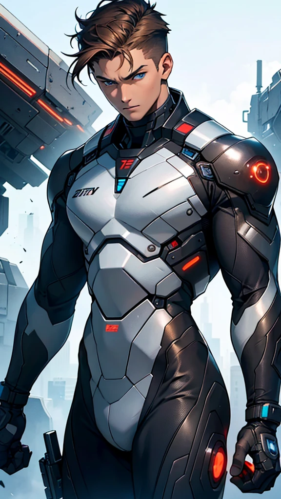 18 year old cybernetic guy in black mobile cybernetic battle suit detailed muscles realistic masterpieces full figure pose (best quality,ultra-detailed), brown hair, blue eyes, fair skin, fit body, slim figure, (cocky expression), wearing cybernetic battle spacesuit