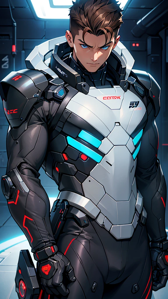 18 year old cybernetic guy in black mobile cybernetic battle suit detailed muscles realistic masterpieces full figure pose (best quality,ultra-detailed), brown hair, blue eyes, fair skin, fit body, slim figure, (cocky expression), wearing cybernetic battle spacesuit