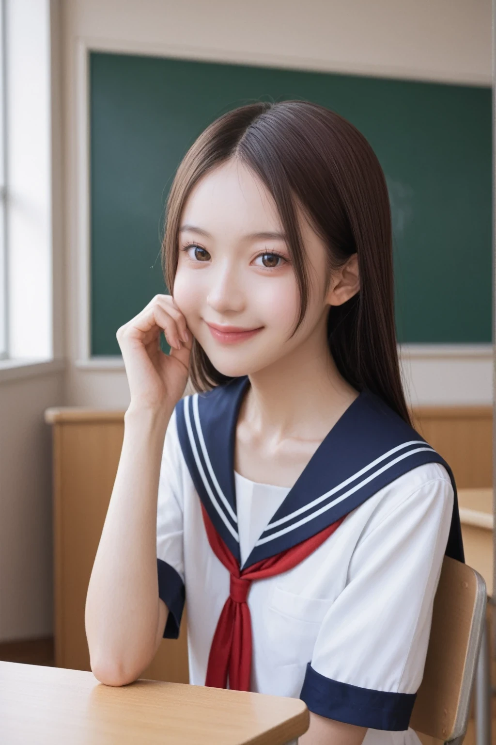 Masterpiece, official art, high resolution, rating_safe,1girl, petite,slender,from side, aatakagi, solo, skin texture,long brown hair, parted bangs, collarbone, serafuku, sailor collar, red neckerchief, white shirt, short sleeves, pleated blue skirt, closed mouth,smile, looking at viewer,close up,classroom,blackboard,((put one's cheeks on one's cheeks)),desk,chair,window,leaning forward,sitting chair, intricate_details, source_anime,extreme detailed,details eye