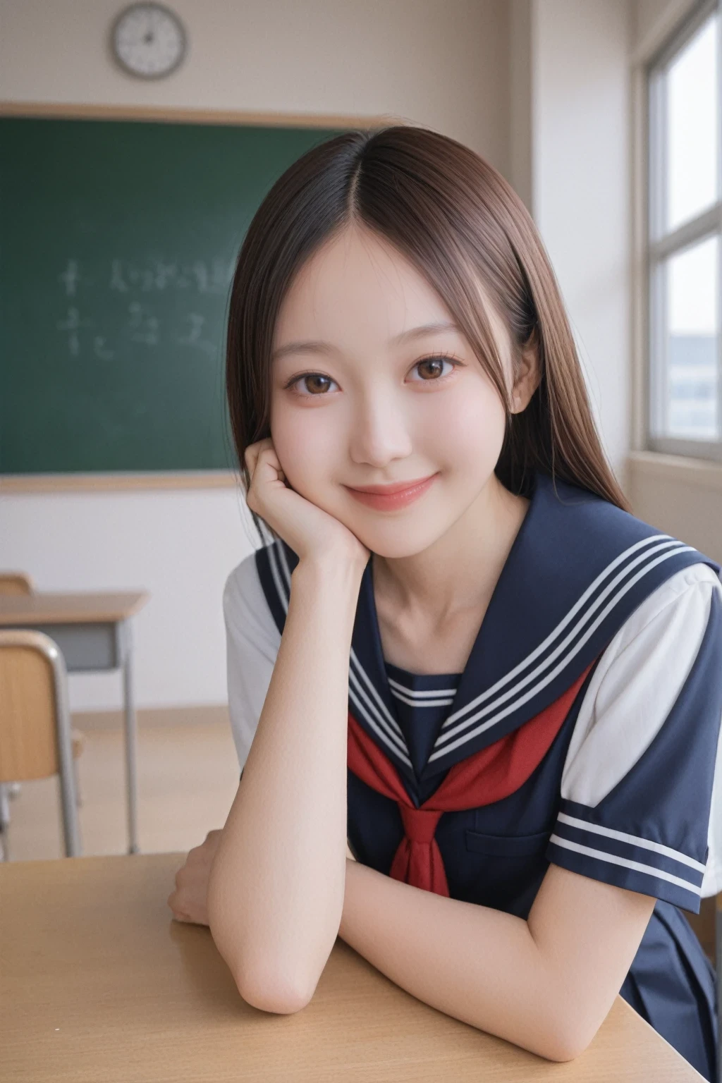 Masterpiece, official art, high resolution, rating_safe,1girl, petite,slender,from side, aatakagi, solo, skin texture,long brown hair, parted bangs, collarbone, serafuku, sailor collar, red neckerchief, white shirt, short sleeves, pleated blue skirt, closed mouth,smile, looking at viewer,close up,classroom,blackboard,((put one's cheeks on one's cheeks)),desk,chair,window,leaning forward,sitting chair, intricate_details, source_anime,extreme detailed,details eye