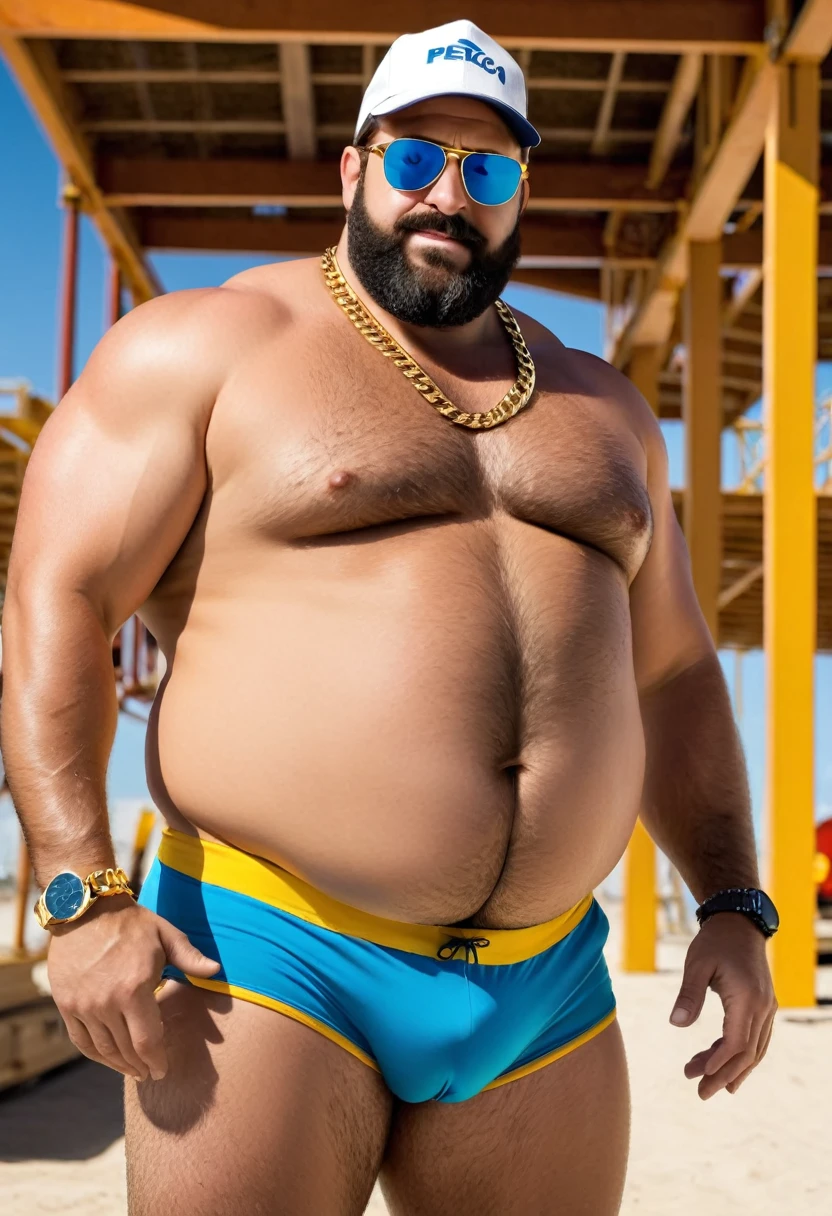 1 chubby man (homem de costa , He is on his back talking to someone else)) , gesturing with hands, conversando com o expectador, ((he is a construction worker he is working in construction)). fotografia de Corpo completo imagem de corpo inteiro , ele trabalha de encanador, ele trabalha de pedreiro, ele trabalha de eletricista, he works as a metalworker. He has a cap, he has a hat, He wears prescription glasses, he wears sunglasses, ele tem barba curta, ele tem barba enorme, he is stroking his crotch looking at the viewer. Ele tem anos, idoso, cabelo grisalho, barba grisalho. He wears a digital watch on his wrist, He wears several Nordic bracelets on his wrist., he wears a gold chain around his neck. Ele usa pulseiras de prata no pulso. Corpo de homem urso papai americano, he is taking off his shorts he is taking off his underwear with his hands for the viewer to see. View from below close to the groinOnly plump, chubby, extremely thick thighs, large belly, fat, very bearded, sunglasses with clear lenses 60%, he is a lifeguard and he is only wearing white or bluish yellow or gray swimming trunks full body photography , foto3D estilizado, Arnold Maya render
