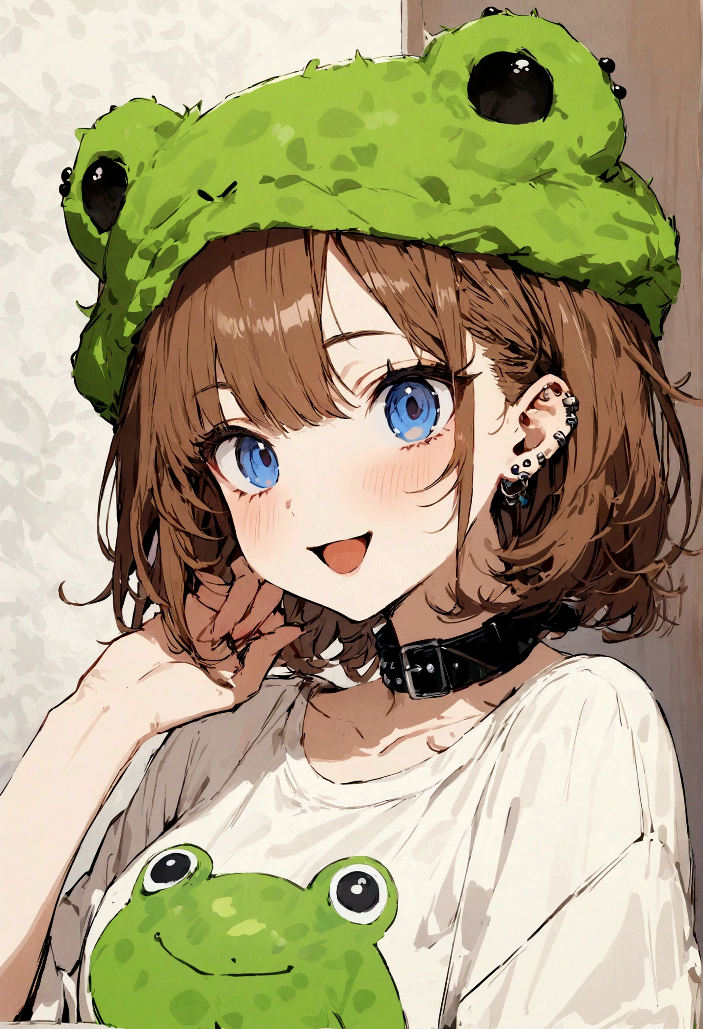 ((best quality)), ((masterpiece)), (detailed), gamer girl, brown hair, blue eyes, bratty, collar, ear piercings, wearing frog hat,  graphic sweatshirt, cottagecore
