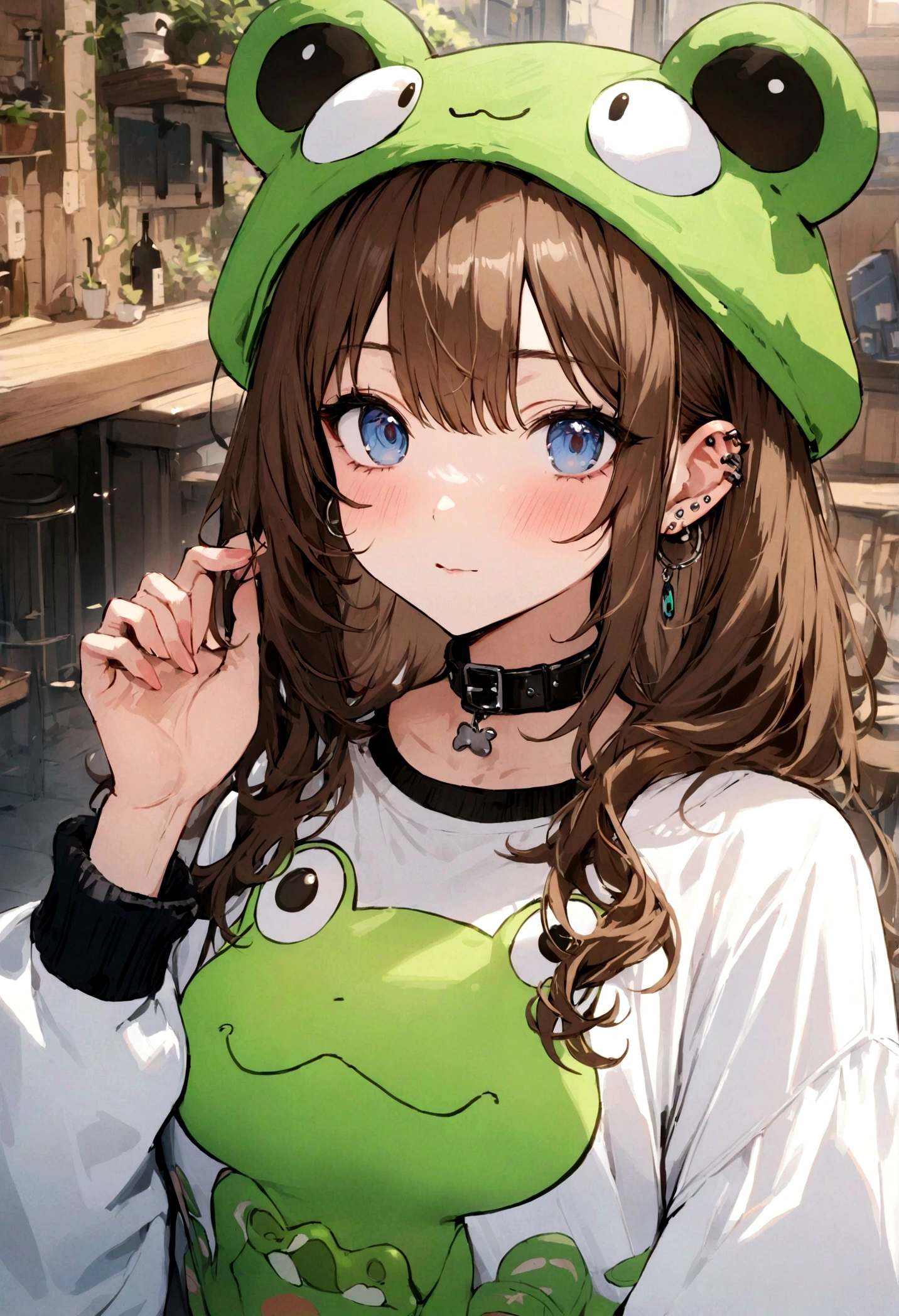 ((best quality)), ((masterpiece)), (detailed), gamer girl, brown hair, blue eyes, bratty, collar, ear piercings, wearing frog hat,  graphic sweatshirt, cottagecore