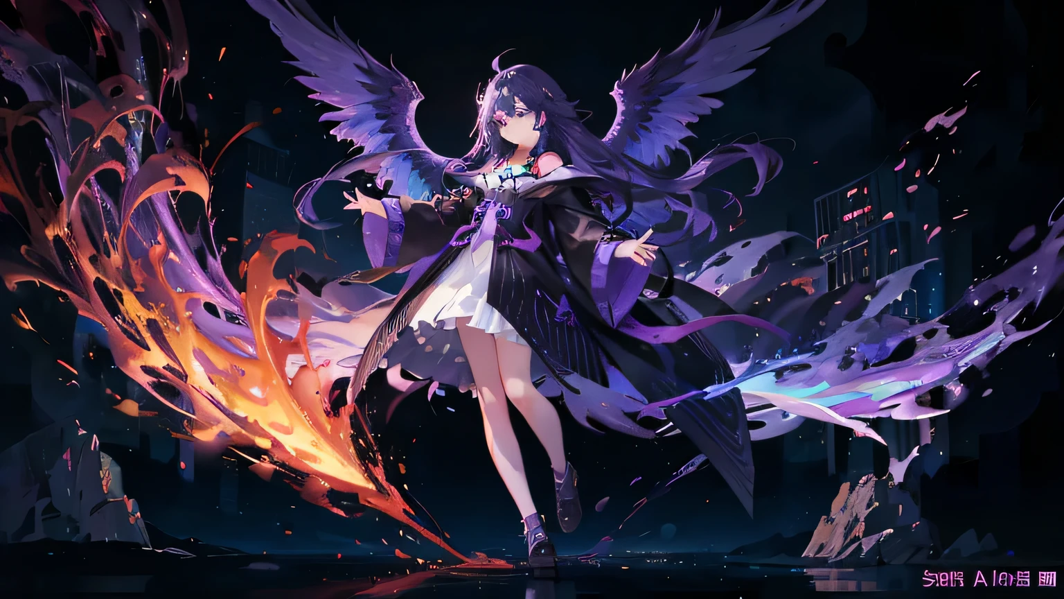 Colorful background, small cute phoenix, angry magic fire behind, girl with dark gray skin and purple eyes and hair serious, cartoon style, Full body