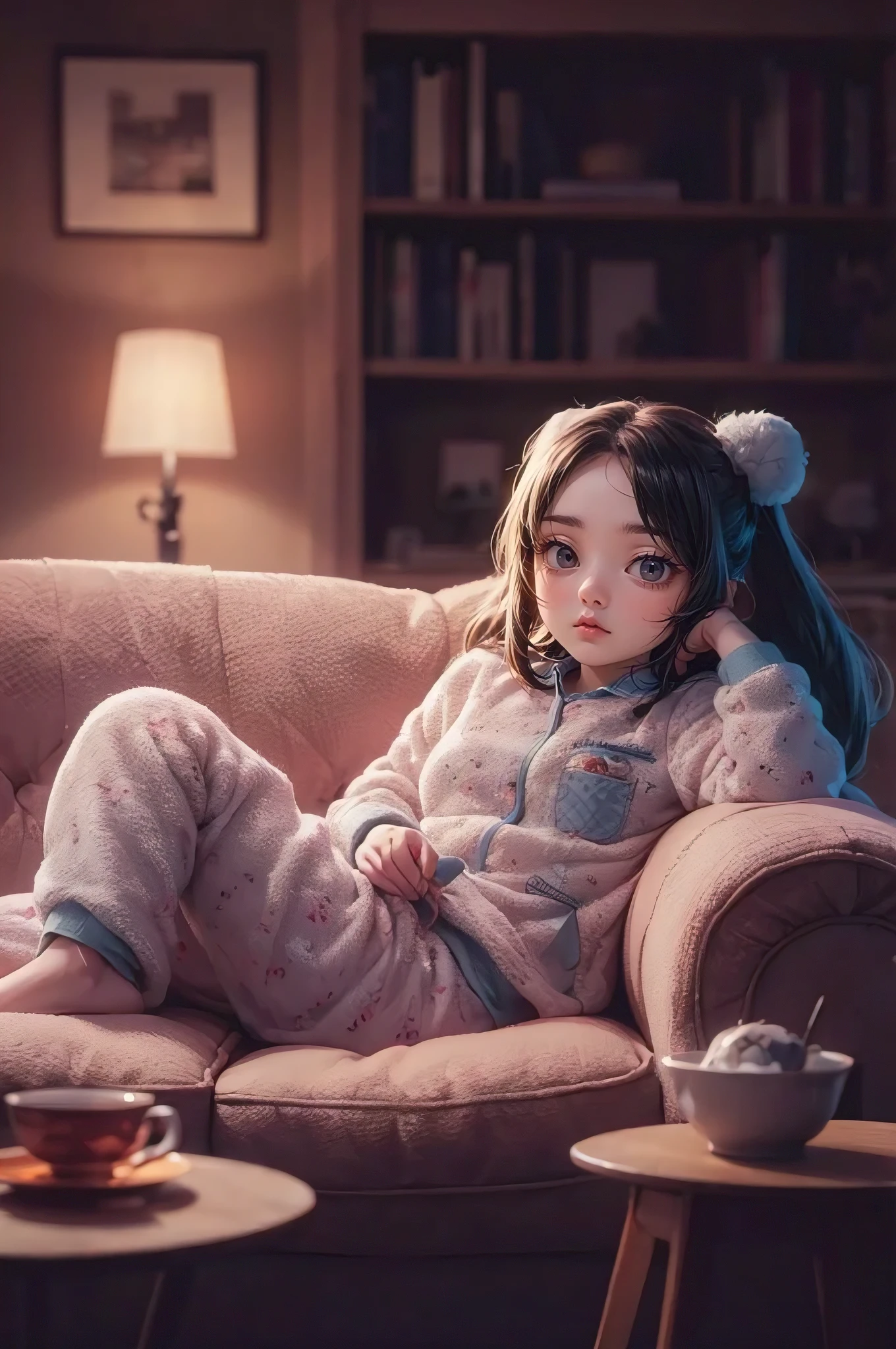 A photorealistic illustration of a cute young anime woman in her cozy pajamas, lounging on a plush sofa with a far-off look of boredom. She is watching her favorite TV show with a bowl of ice cream by her side. In the background, dimly lit room has warm hues, a bookshelf filled with books, and a small table with a cup of tea. The overall ambiance of the scene is cozy and familiar, capturing the essence of a relaxing night at home., illustration, anime