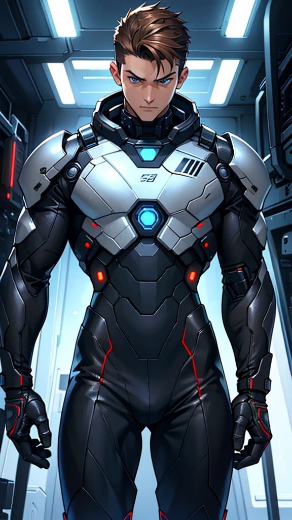 18 year old cybernetic guy in black mobile cybernetic battle suit detailed muscles realistic masterpieces full figure pose (best quality,ultra-detailed), brown hair, blue eyes, fair skin, fit body, slim figure, (cocky expression), wearing cybernetic battle spacesuit