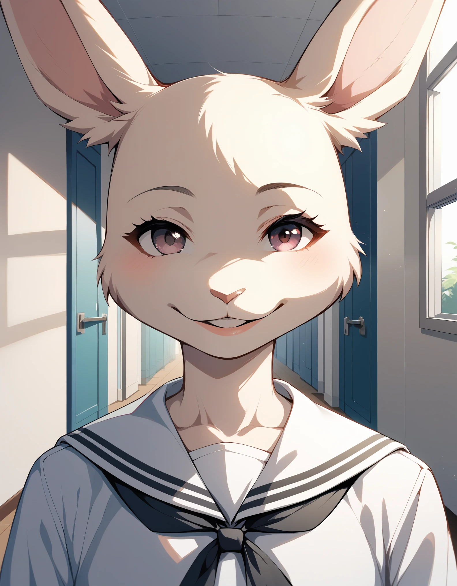 score_9, score_8_up, score_7_up, score_6_up,   harubeastars, smile, mouth closed, hallway, school, looking at viewer, hands behind back, white dress, serafuku, bust portrait, solo white dress, white scarf,