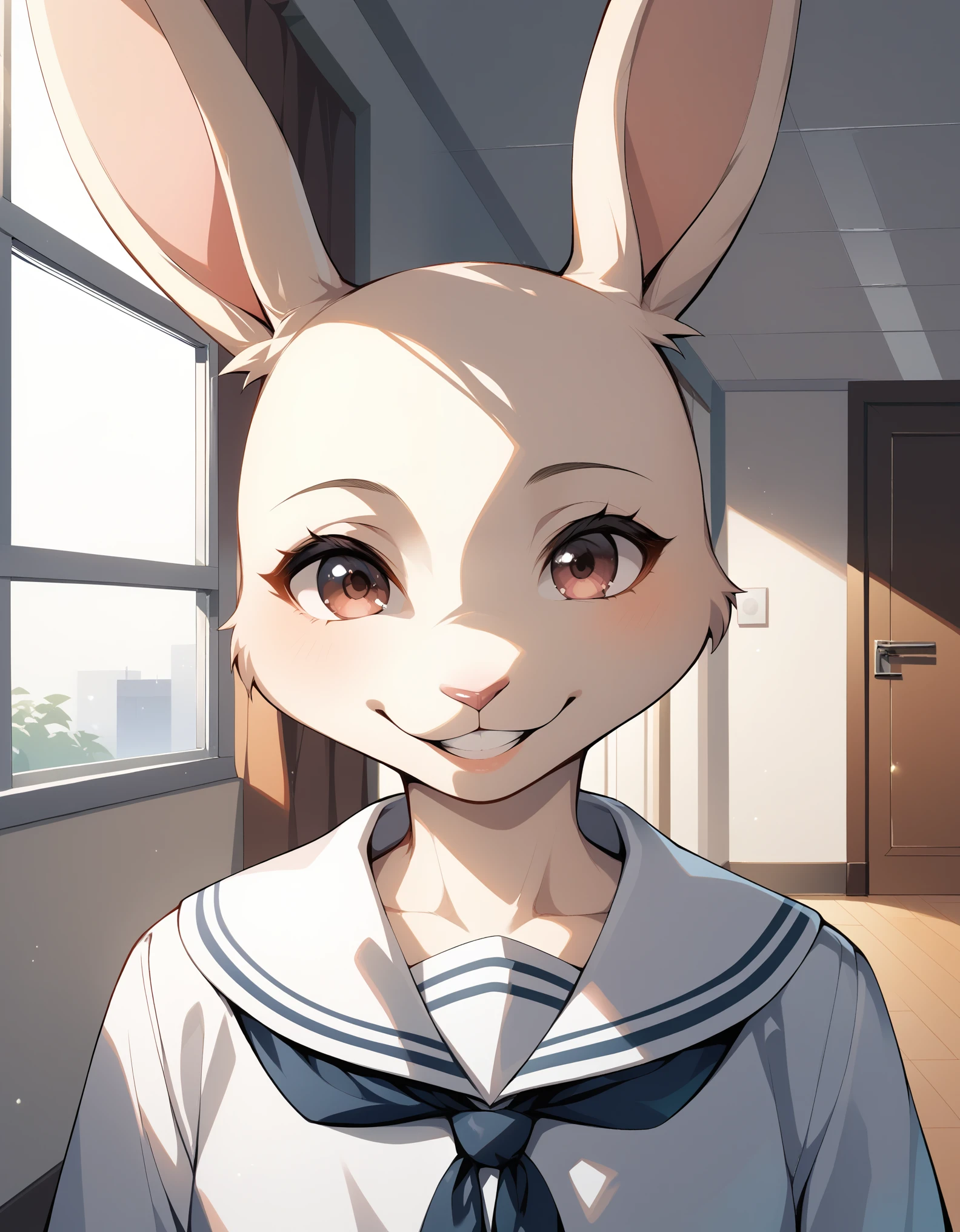 score_9, score_8_up, score_7_up, score_6_up,   harubeastars, smile, mouth closed, hallway, school, looking at viewer, hands behind back, white dress, serafuku, bust portrait, solo white dress, white scarf,