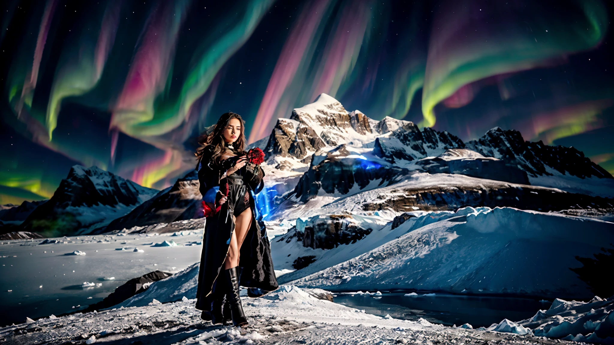 An extremely gorgeous beautiful woman wearing a black lavish robe standing on the icy mountains of Greenland holding a red rose extremely detailed Aurora sky night beautiful 8k photography realistic portrait, photo, illustration, poster