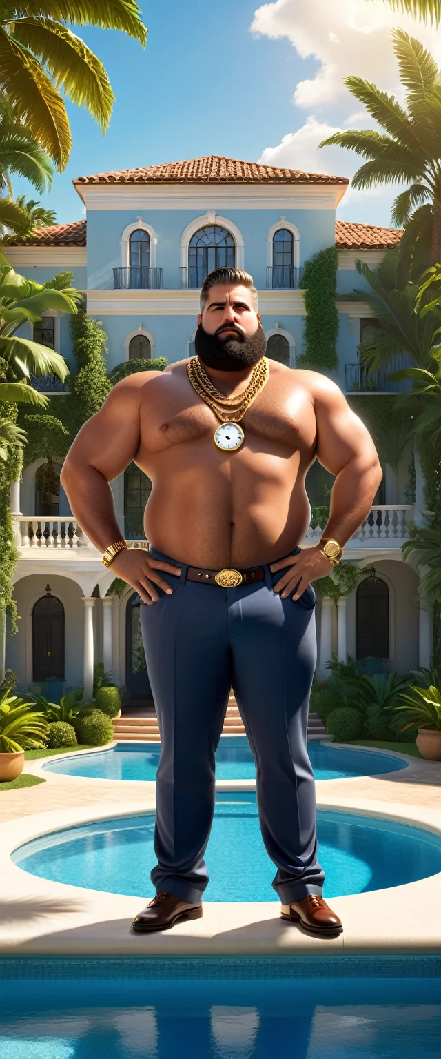 1 chubby man (homem de costa , He has his back to the viewer. Pool Scenario, beautiful mansion, Plantas Estilo urban jungle. Dia de sol, magnificent sky, sombras e luz no ambiente . He's bearded. gesturing with hands. gold chain around the neck, rings,  clock 