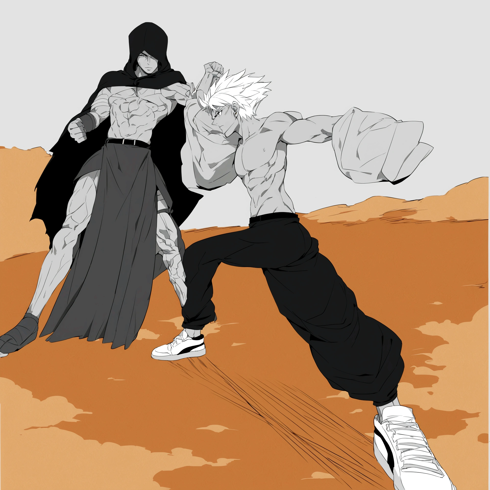 male boy, white hair, male boy fighting against a very fearsome enemy, raised fist, manga style