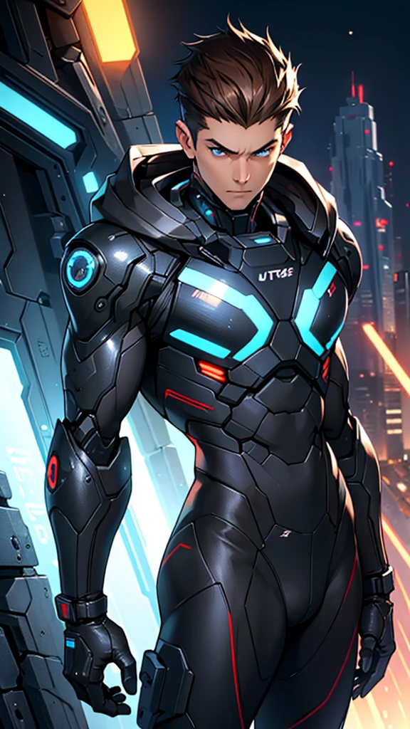 18 year old cybernetic guy in black mobile cybernetic battle suit detailed muscles realistic masterpieces full figure pose (best quality,ultra-detailed), brown hair, blue eyes, fair skin, fit body, slim figure, (cocky expression), wearing cybernetic battle spacesuit