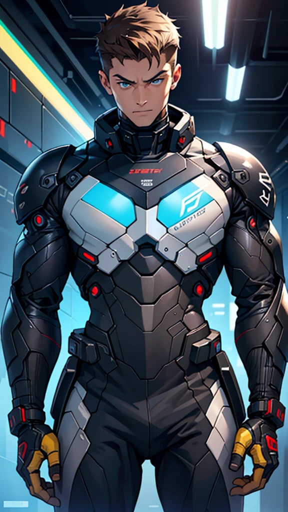 18 year old cybernetic guy in black mobile cybernetic battle suit detailed muscles realistic masterpieces full figure pose (best quality,ultra-detailed), brown hair, blue eyes, fair skin, fit body, slim figure, (cocky expression), wearing cybernetic battle spacesuit