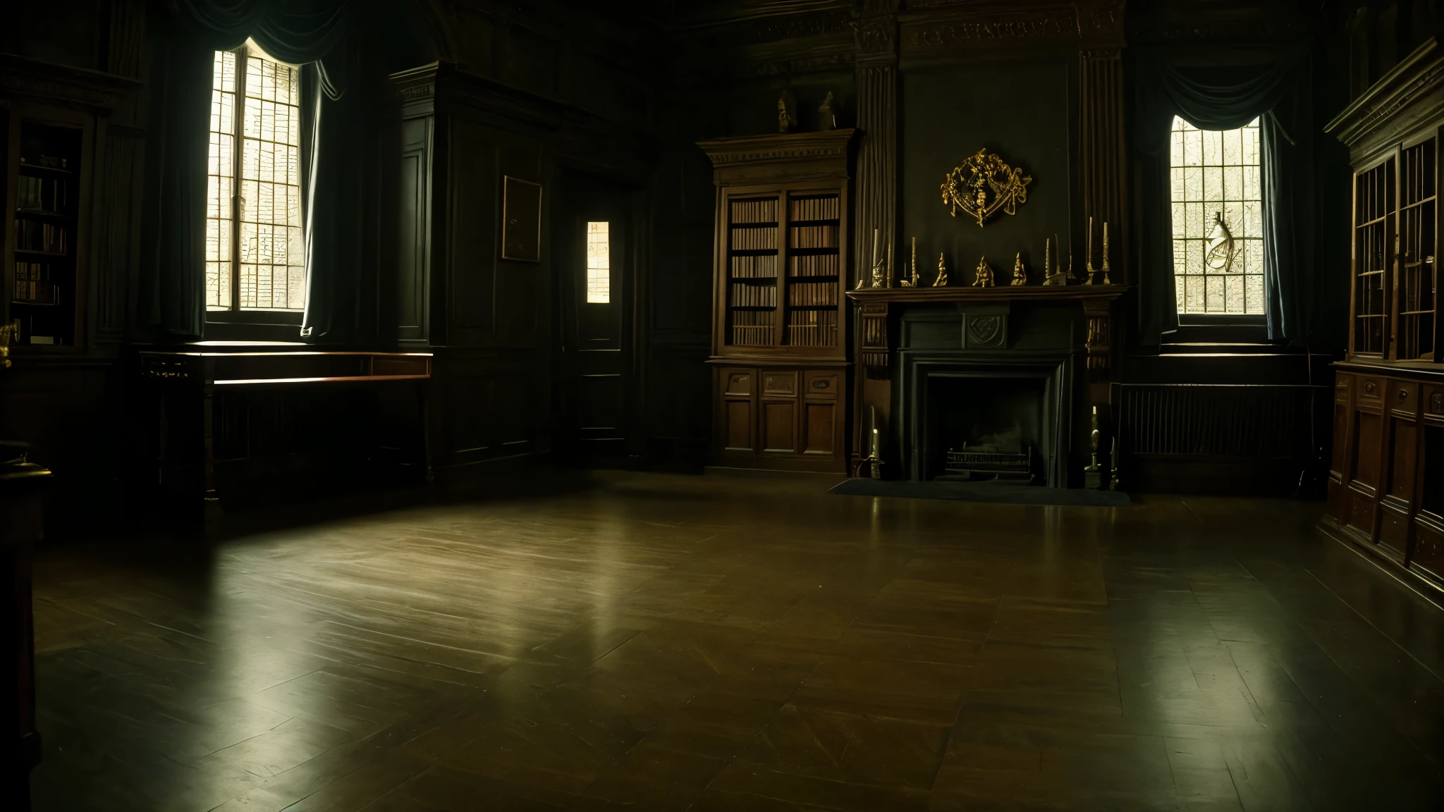 masterpiece, "room of requirement", 4k, slightly dim light, harry potter, with some magical decorations, with some cauldron magic tool, darker spacious room with slightly grey tone, dancing room, harry potter aesthetic