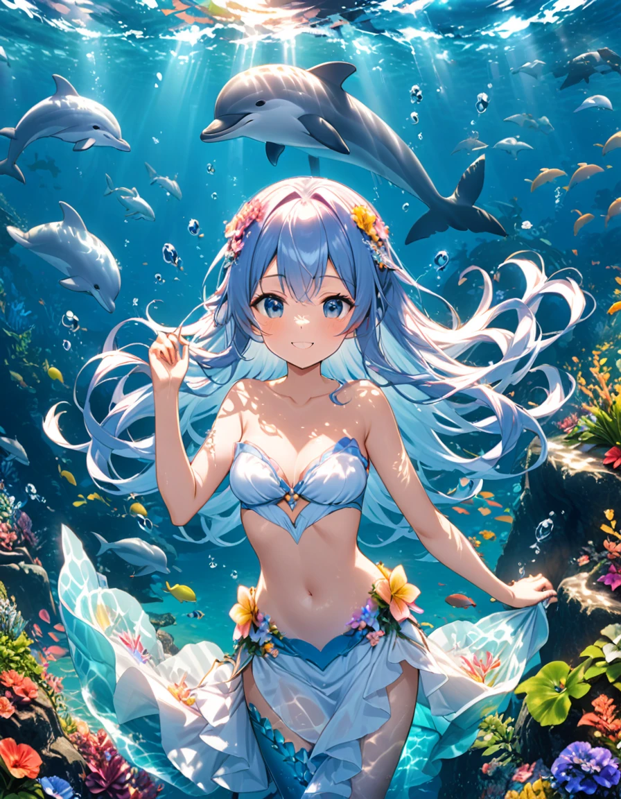 In the ocean during the day、A smiling mermaid happily swimming with a dolphin。A fantastic view unfolds、The light shines through the water, illuminating the surroundings beautifully.。The dolphins also play happily with the mermaids.、Colorful fishes fluttering around them。Water plants swaying gracefully、The scenery is as beautiful as a dream.、Captivating to the viewer。