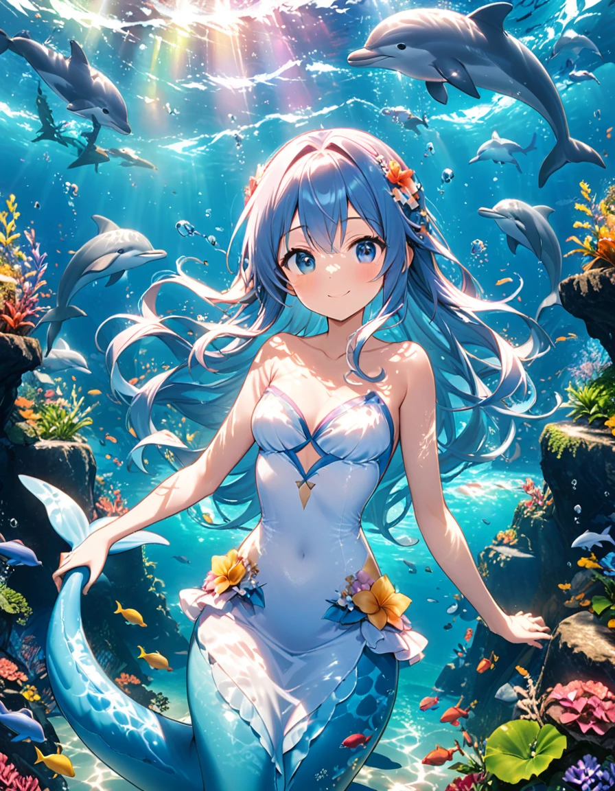 In the ocean during the day、A smiling mermaid happily swimming with a dolphin。A fantastic view unfolds、The light shines through the water, illuminating the surroundings beautifully.。The dolphins also play happily with the mermaids.、Colorful fishes fluttering around them。Water plants swaying gracefully、The scenery is as beautiful as a dream.、Captivating to the viewer。