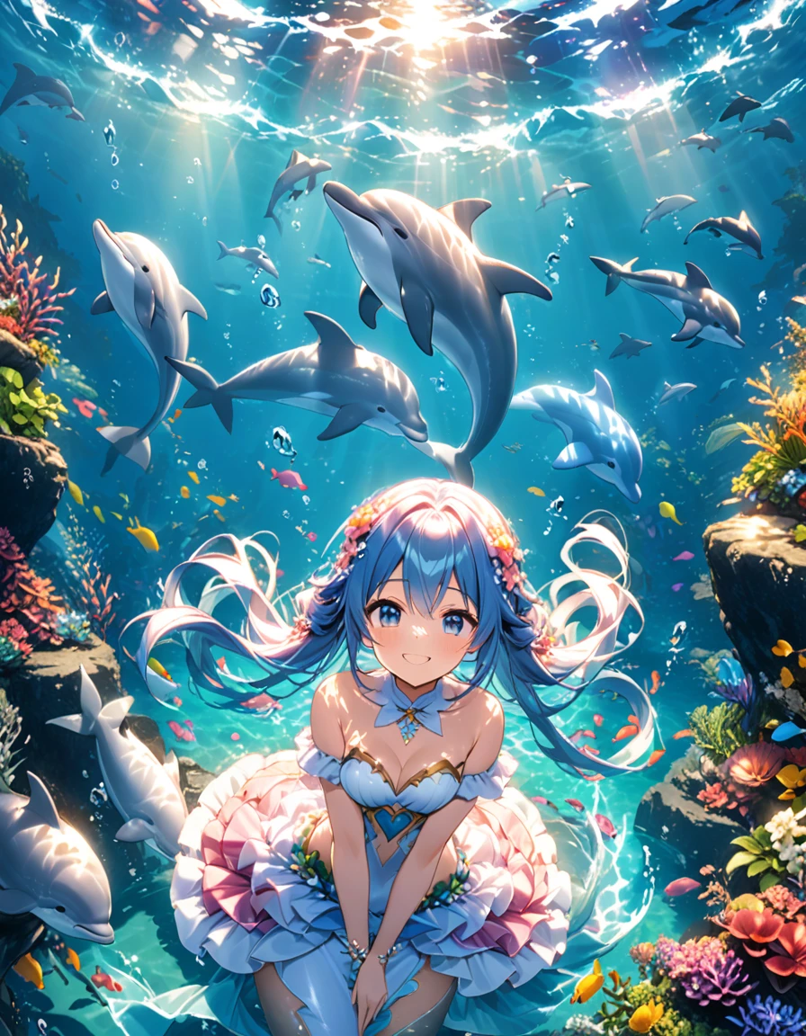 In the ocean during the day、A smiling mermaid happily swimming with a dolphin。A fantastic view unfolds、The light shines through the water, illuminating the surroundings beautifully.。The dolphins also play happily with the mermaids.、Colorful fishes fluttering around them。Water plants swaying gracefully、The scenery is as beautiful as a dream.、Captivating to the viewer。