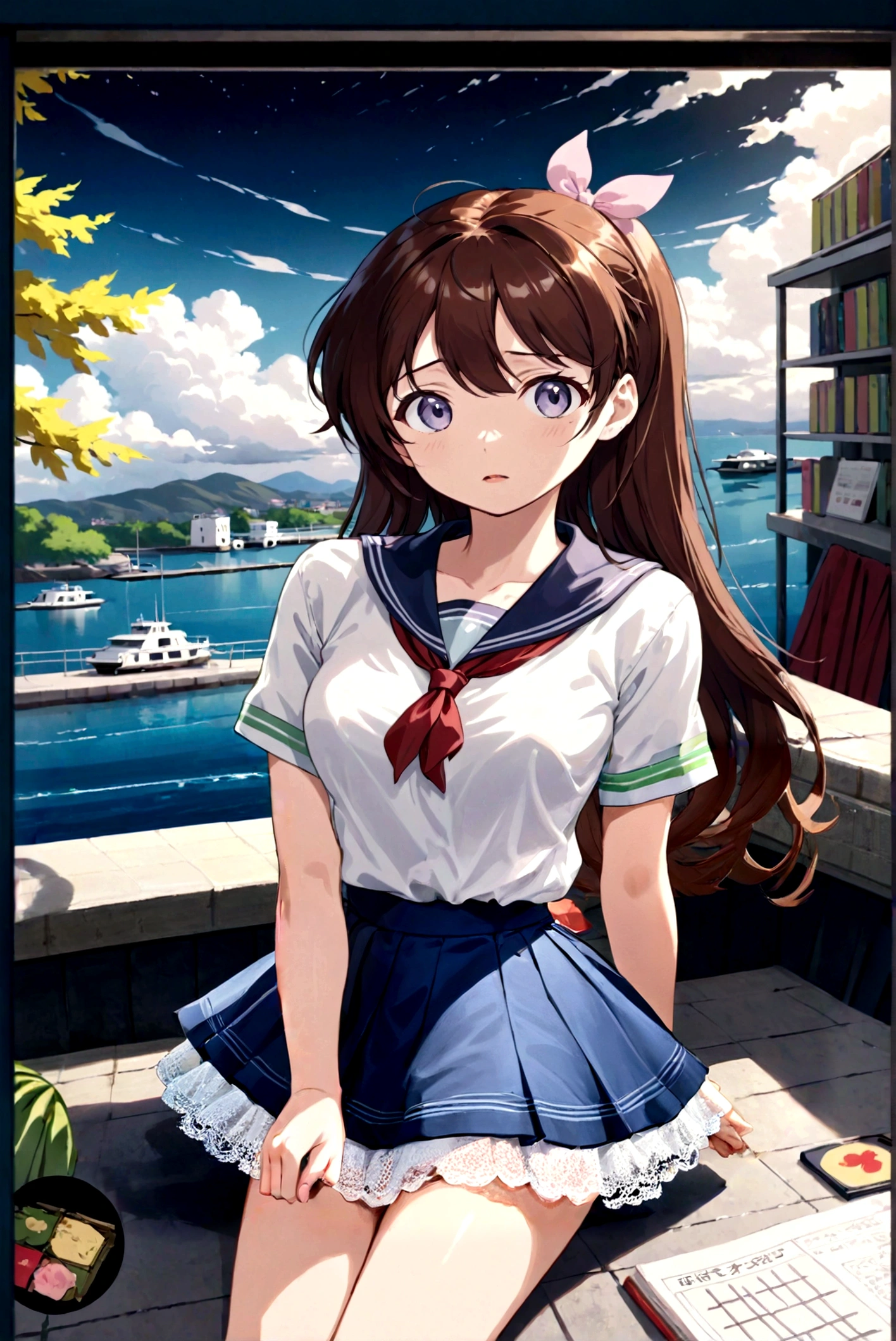 A skirt puffed up by the strong wind、、Skirt that is flipped、Trailing behind、
The lining is visible 、White lace lining、White cotton panties are visible