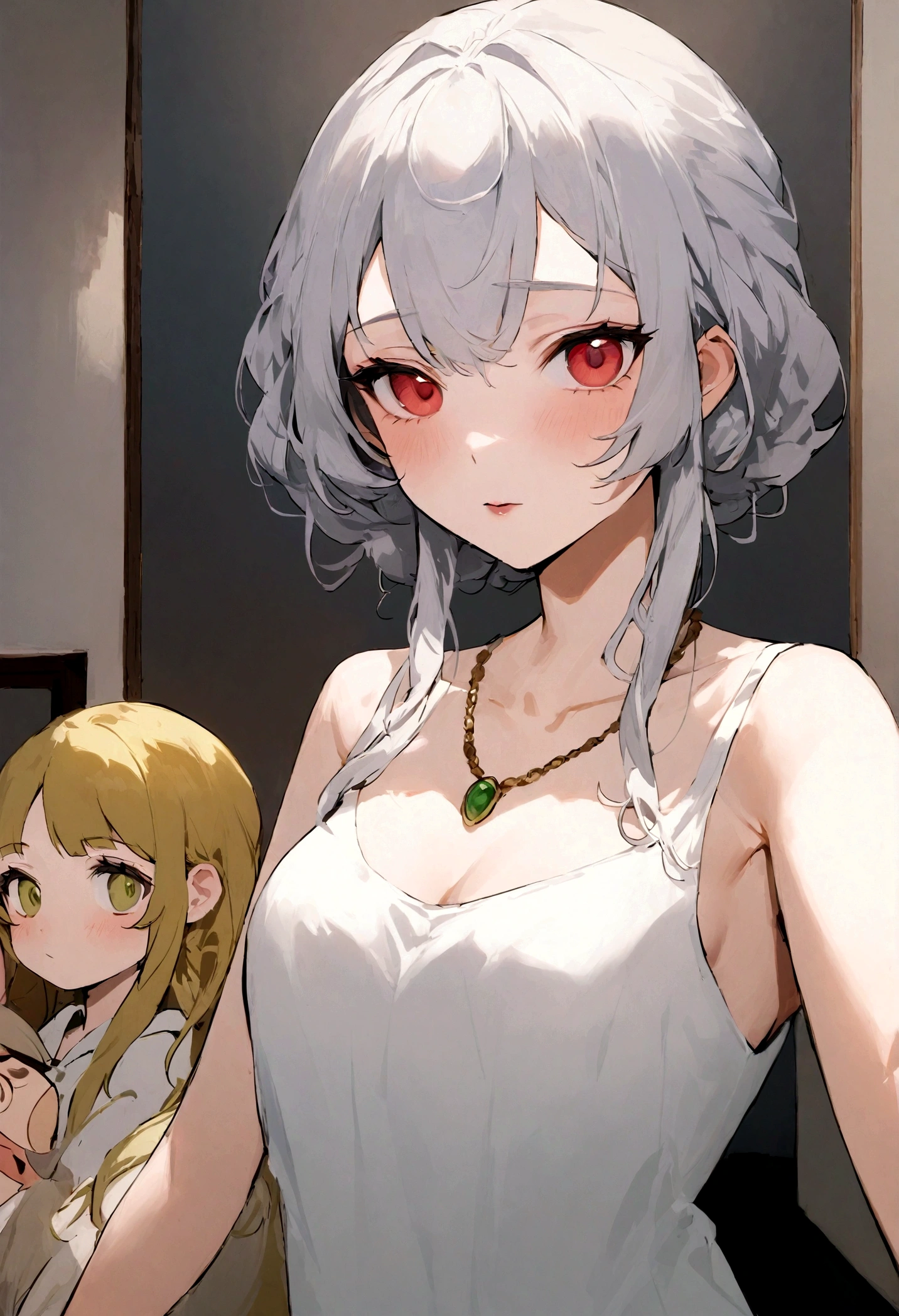 cropped woman with white tank top and necklace, fille sexy aux yeux verts, Portrait de Sophie Mudd, cheveux bruns et grands yeux, selfie d'une jeune femme, Yeux de chambre, violette myers, sans maquillage, maquillage naturel, regarder directement la caméra, visage avec artgram, maquillage subtil, superbe photo de tout le corps, yeux verts perçants\