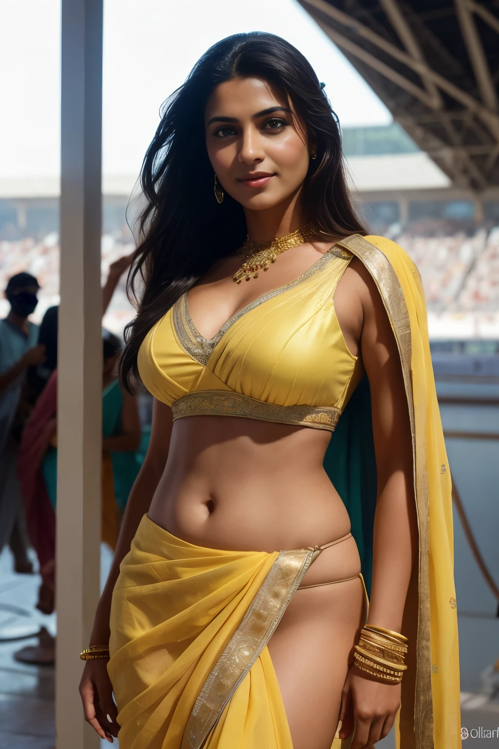 portrait of A confident-looking indian woman princess with long flowing hair, hazel eyes, with yellow saree, a smile on the face, royal and lusty look, red bindi, standing in cricket stadium, c-cup breast, perfect composition, hyperrealistic, super detailed, 8k, high quality, trending art, trending on artstation, sharp focus, sexy photo, intricate details, highly detailed, art by Greg Rutkowski