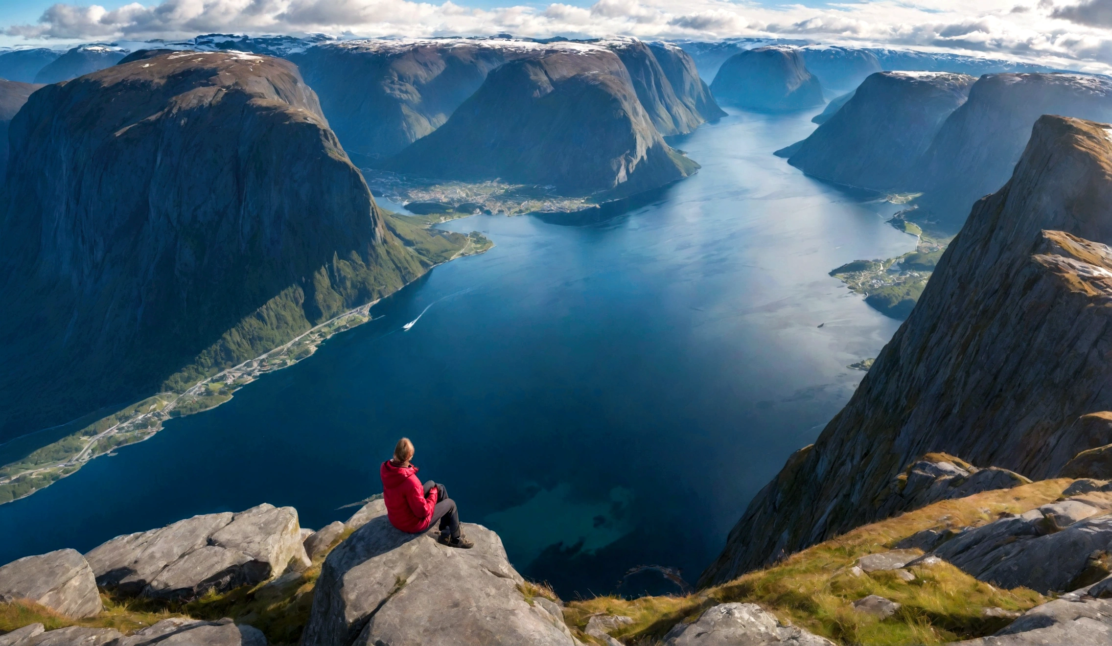 a person sitting on the edge of a cliff overlooking a body of water and mountains, sitting on the edge, standing on the edge of a cliff, norway mountains, epic scenic shot, over a cliff, breathtaking scenery, norway fjords, norway fjord, fjords, looking down a cliff, amazing view, fjord, epic scenery, an amazing landscape image, breathtaking shot, norway, most epic landscape, standing on a cliff, cliff edge, fjords in background
