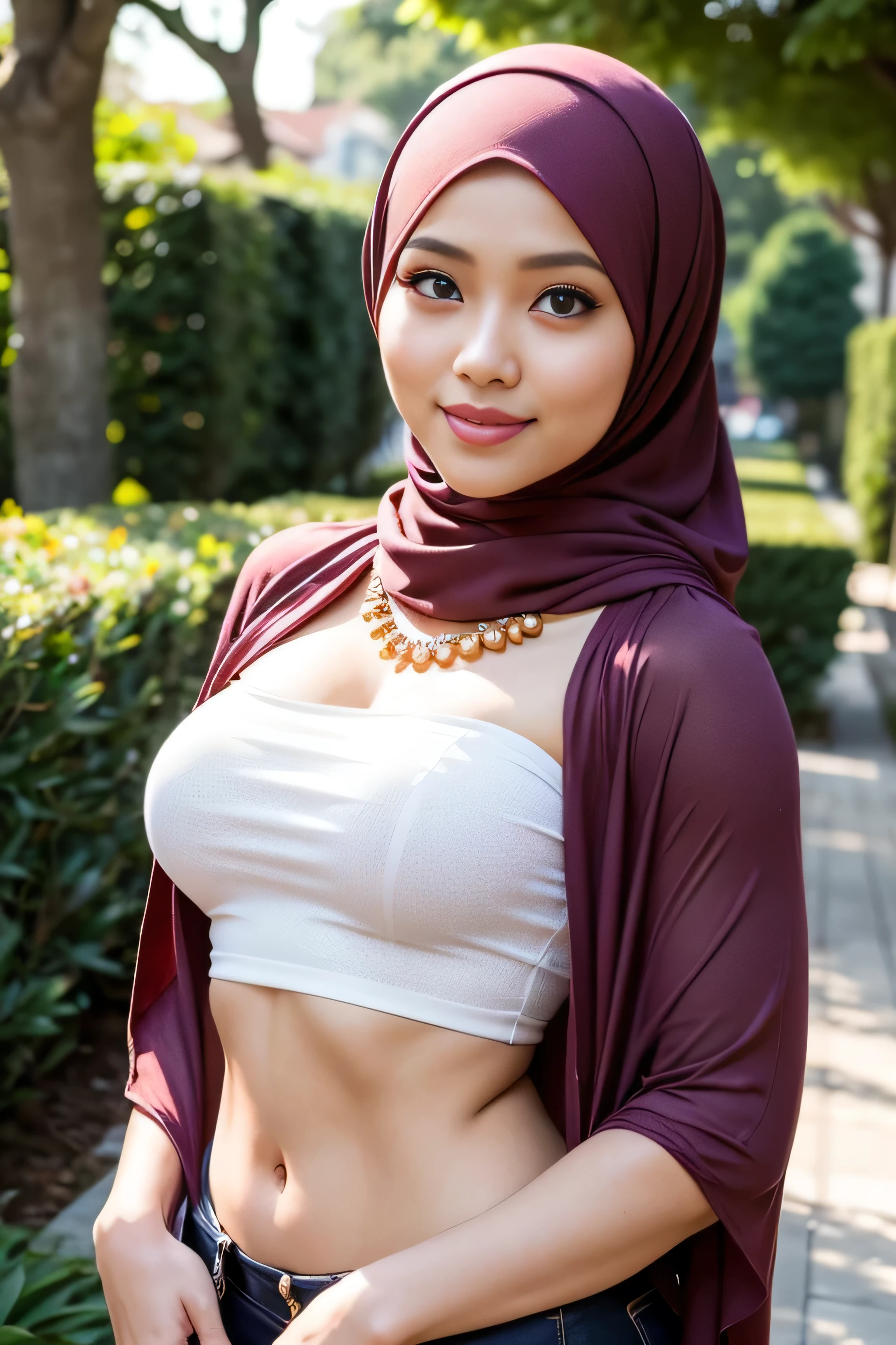 RAW, Best quality, high resolution, masterpiece: 1.3), beautiful Malay woman in hijab,Masterpiece, perfect fit body, Huge breast, biggorgeous eyes, Soft smile,woman in  bandeau tight crop top,    standing in a city garden, lovely woman, hijab, malay, Beutifull girl, with lovely look, casual pose, beautiful lady, shawl, beautiful woman, with accurate, scarf,Delicate turtleneck, necklace, shairband, afternoon walk, City garden, Excellent lighting, Bright colors, Clean lines