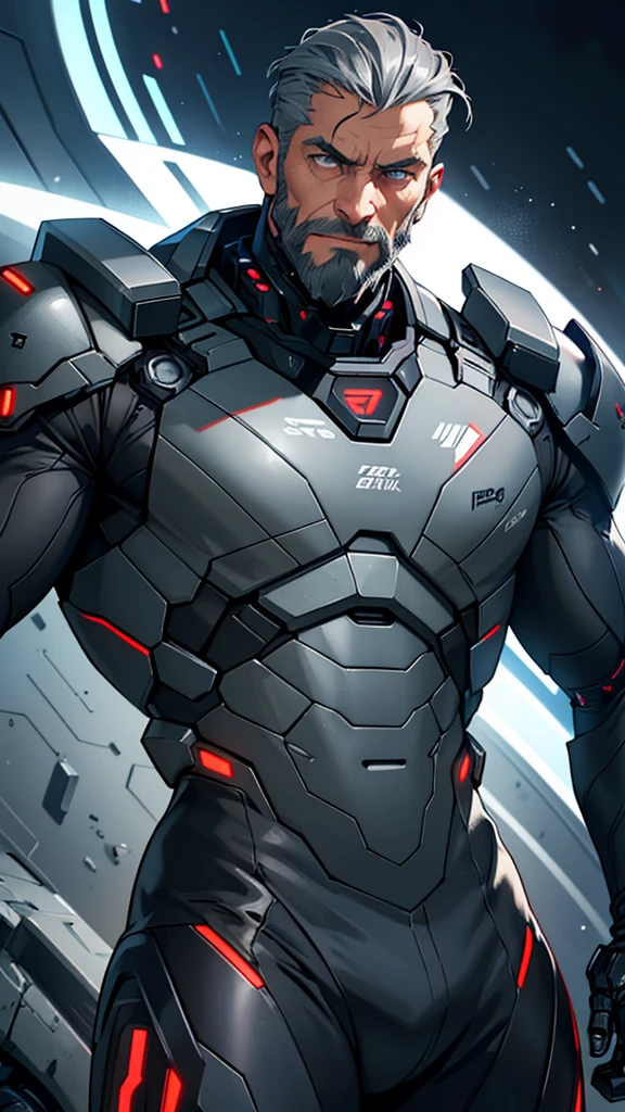 55 year old cybernetic guy in black mobile cybernetic battle suit detailed muscles realistic masterpieces full figure pose (best quality,ultra-detailed), grey hair slicked back, dark eyes, scarred face with beard, fit body, (y expression), wearing cybernetic battle spacesuit
