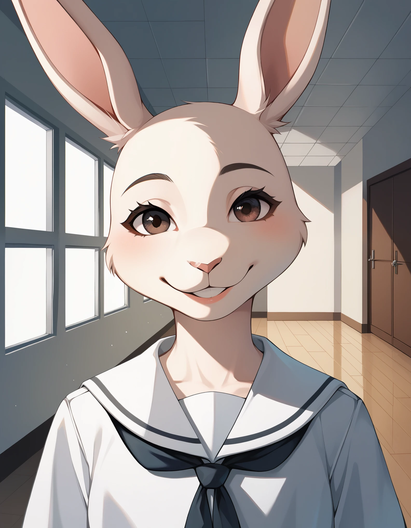 score_9, score_8_up, score_7_up, score_6_up,   harubeastars, smile, mouth closed, hallway, school, looking at viewer, hands behind back, white dress, serafuku, bust portrait, solo white dress, white scarf,