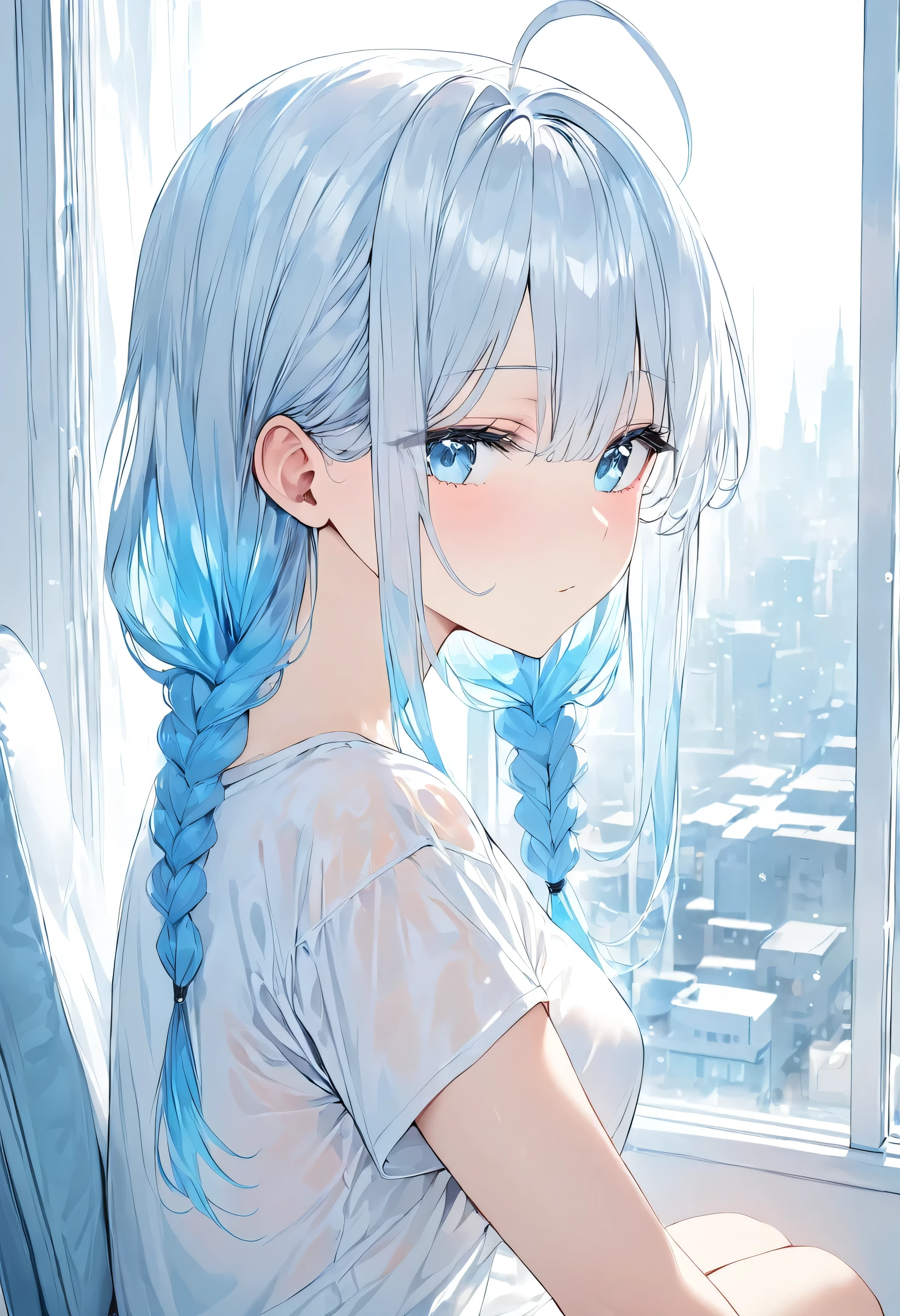 masterpiece, Full HD, 8K, best quality, depth of field, best generating, 1girl, beautiful girl, cute girl, beautiful and pretty girl, slim body, medium breast, grey hair, long hair, ahoge hair, straight bangs and braids hair, gradient hair, grey and blue gradient hair, transparent hair, beautiful blue eyes, deep blue eyes,white t-shirt oversized, indoor, window, girl sitting, girl leaning on the window, girl looking at the window, girl's reflection in the window, rainy city view, cloudy, blue theme