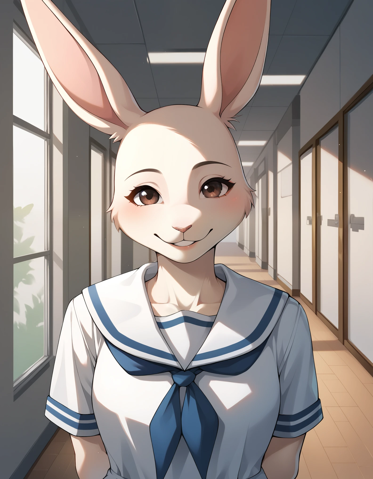 score_9, score_8_up, score_7_up, score_6_up,   harubeastars, smile, mouth closed, hallway, school, looking at viewer, hands behind back, white dress, serafuku, bust portrait, solo white dress, white scarf,