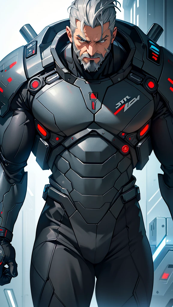 55 year old cybernetic guy in black mobile cybernetic battle suit detailed muscles realistic masterpieces full figure pose (best quality,ultra-detailed), grey hair slicked back, dark eyes, scarred face with beard, fit body, (cocky expression), wearing cybernetic battle spacesuit