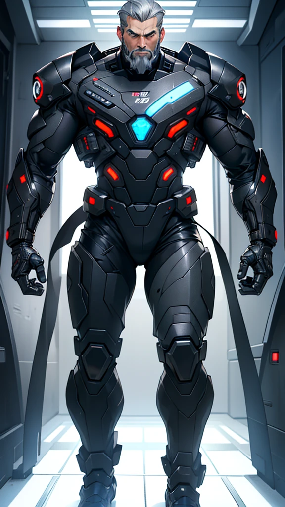 55 year old cybernetic guy in black mobile cybernetic battle suit detailed muscles realistic masterpieces full figure pose (best quality,ultra-detailed), grey hair slicked back, dark eyes, scarred face with beard, fit body, (cocky expression), wearing cybernetic battle spacesuit