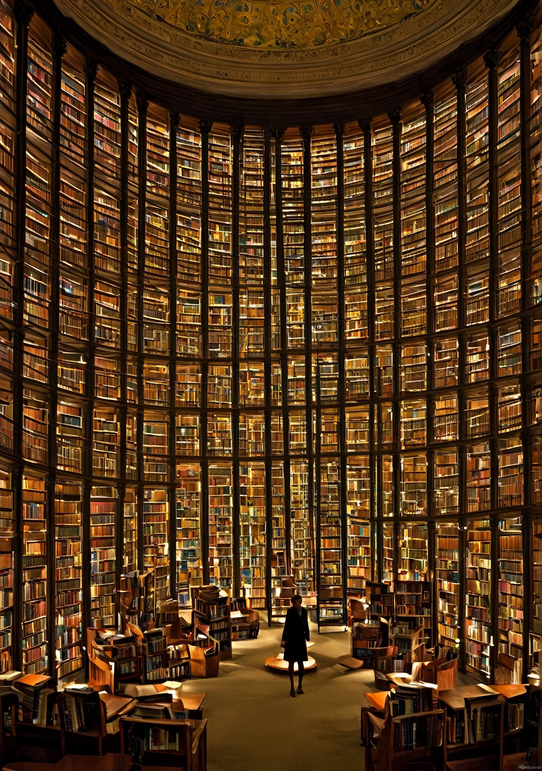 In the vast expanse of the enormous library, countless bookshelves stand in orderly rows, filled with infinite knowledge reaching up to the high ceiling. In the dim lighting, a lone librarian quietly moves about. She is a plump woman with a pair of small, round glasses, her eyes filled with kindness and wisdom as she welcomes those who enter. Maintaining the tranquility, she diligently organizes the books and kindly answers visitors' questions. This library is an oasis for those seeking knowledge, with her presence at its heart.